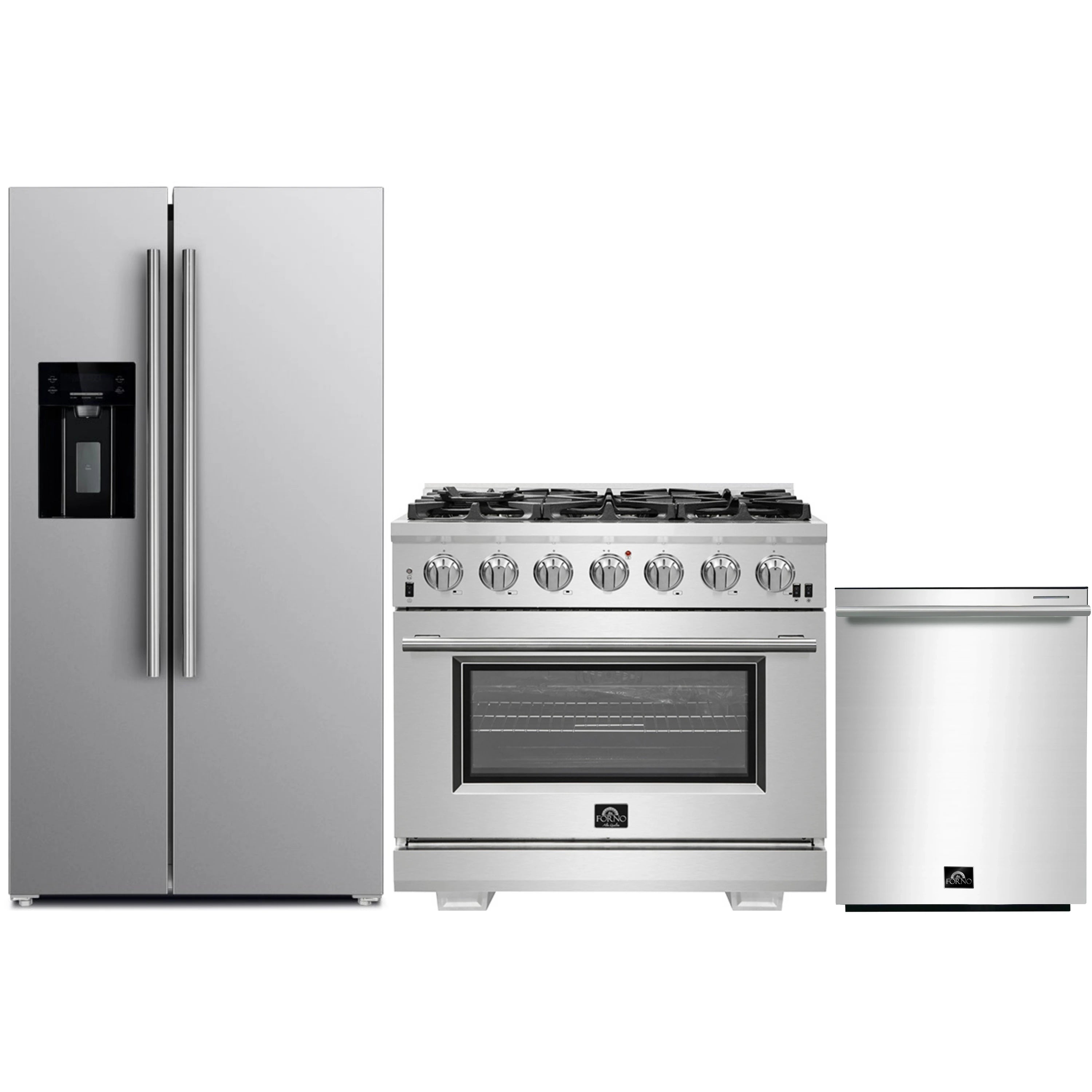 Three-piece kitchen appliance set with stainless fridge, gas range, and dishwasher