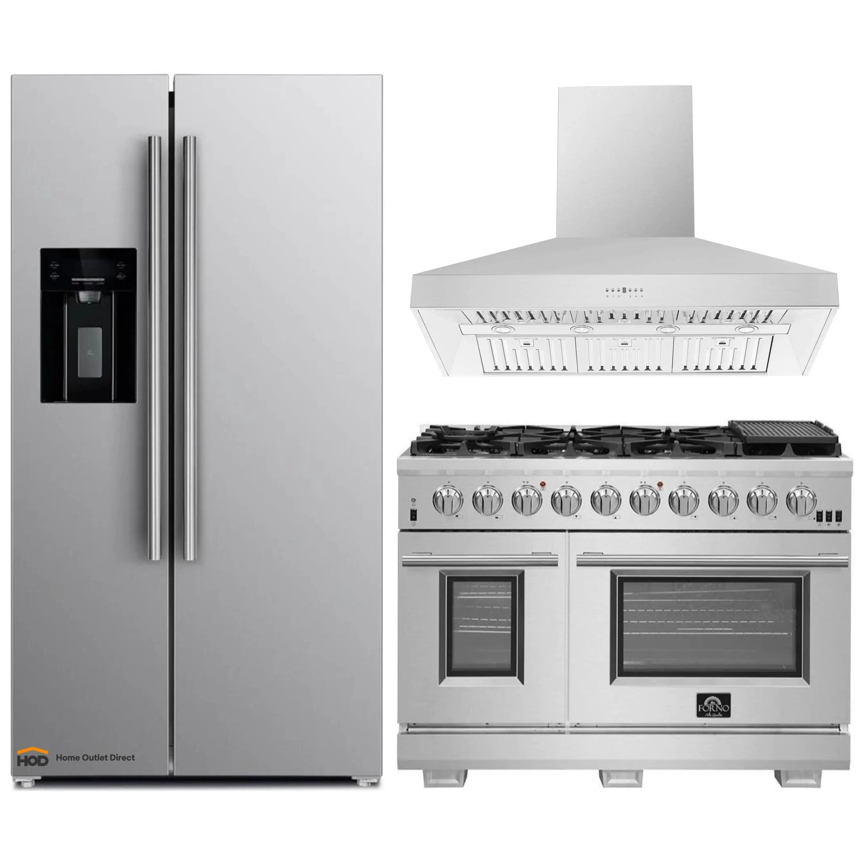 Stainless steel French door refrigerator and gas range with wall hood