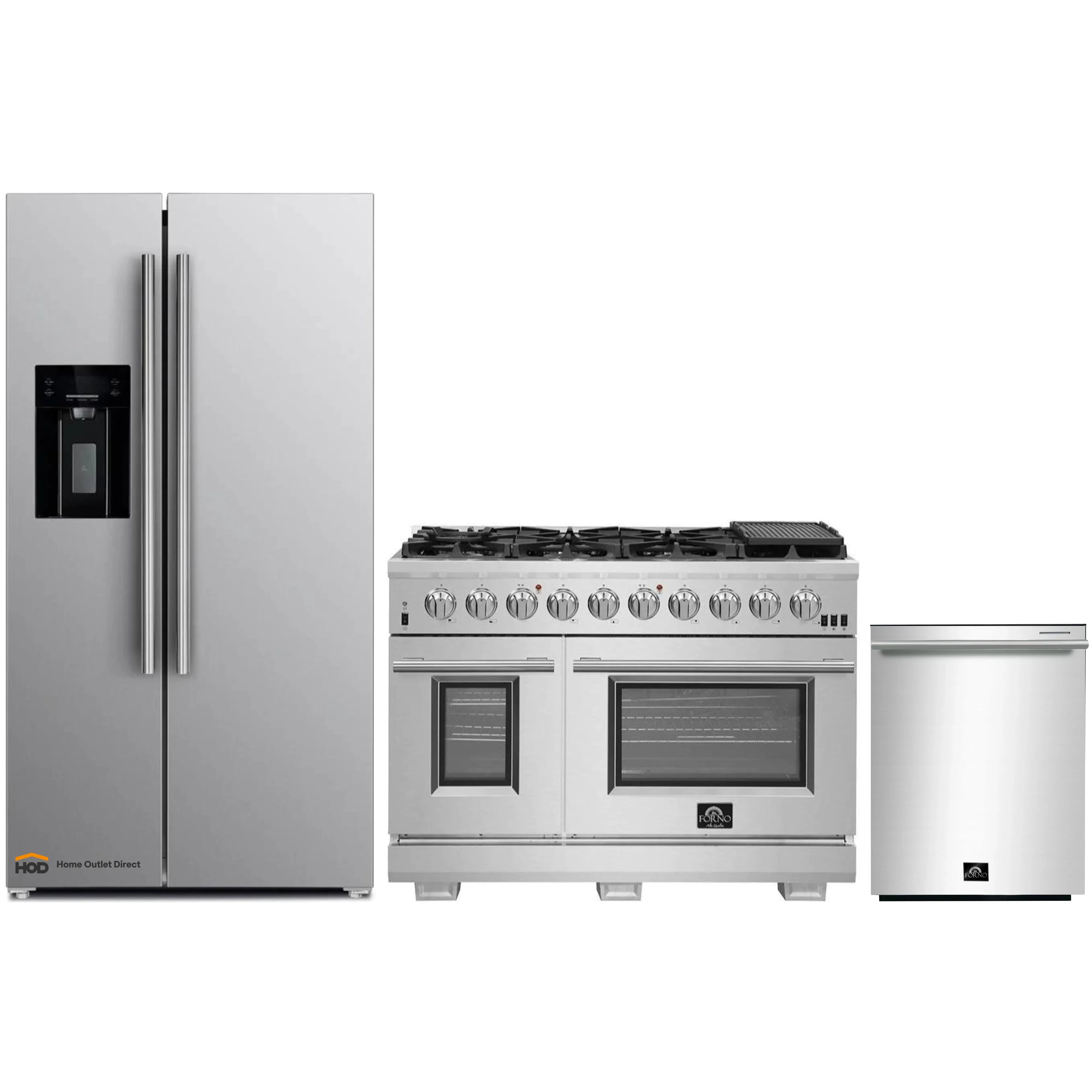 Stainless steel kitchen appliance set with gas range, refrigerator, and compact dishwasher
