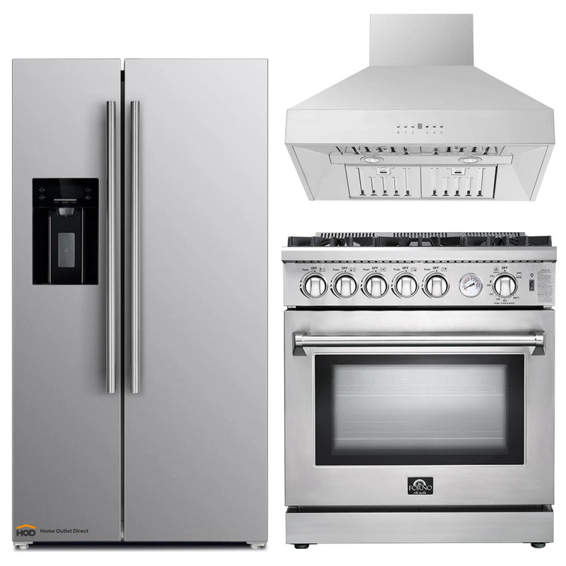 Forno 3-Piece Appliance Package - 30-Inch Gas Range, Refrigerator with Water Dispenser,& Wall Mount Hood in Stainless Steel