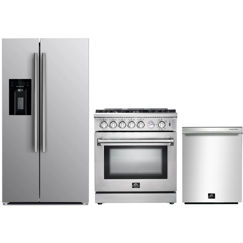 Forno 3-Piece Appliance Package - 30-Inch Gas Range, Refrigerator with Water Dispenser,& Dishwasher in Stainless Steel