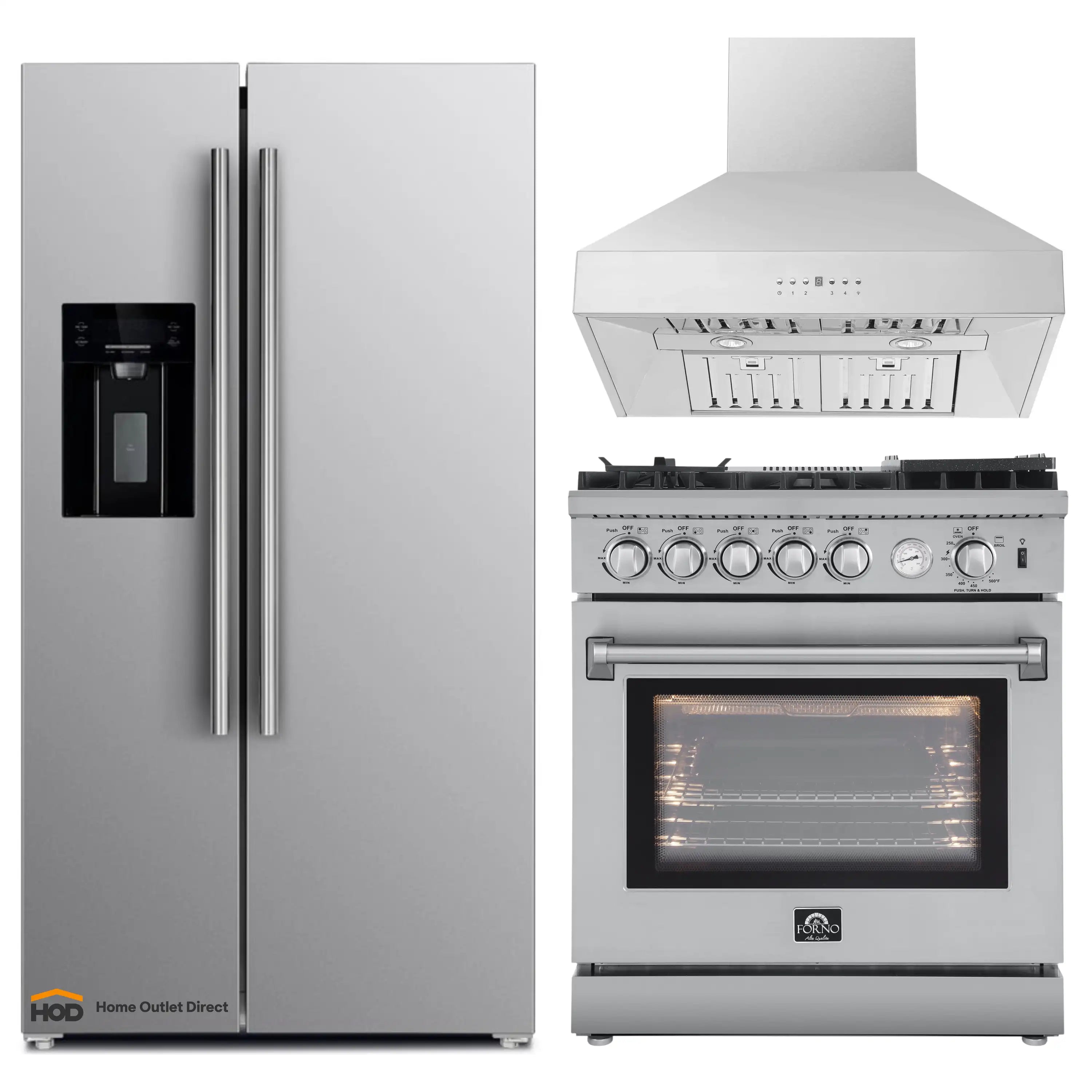 Stainless steel kitchen appliance set with refrigerator and gas range
