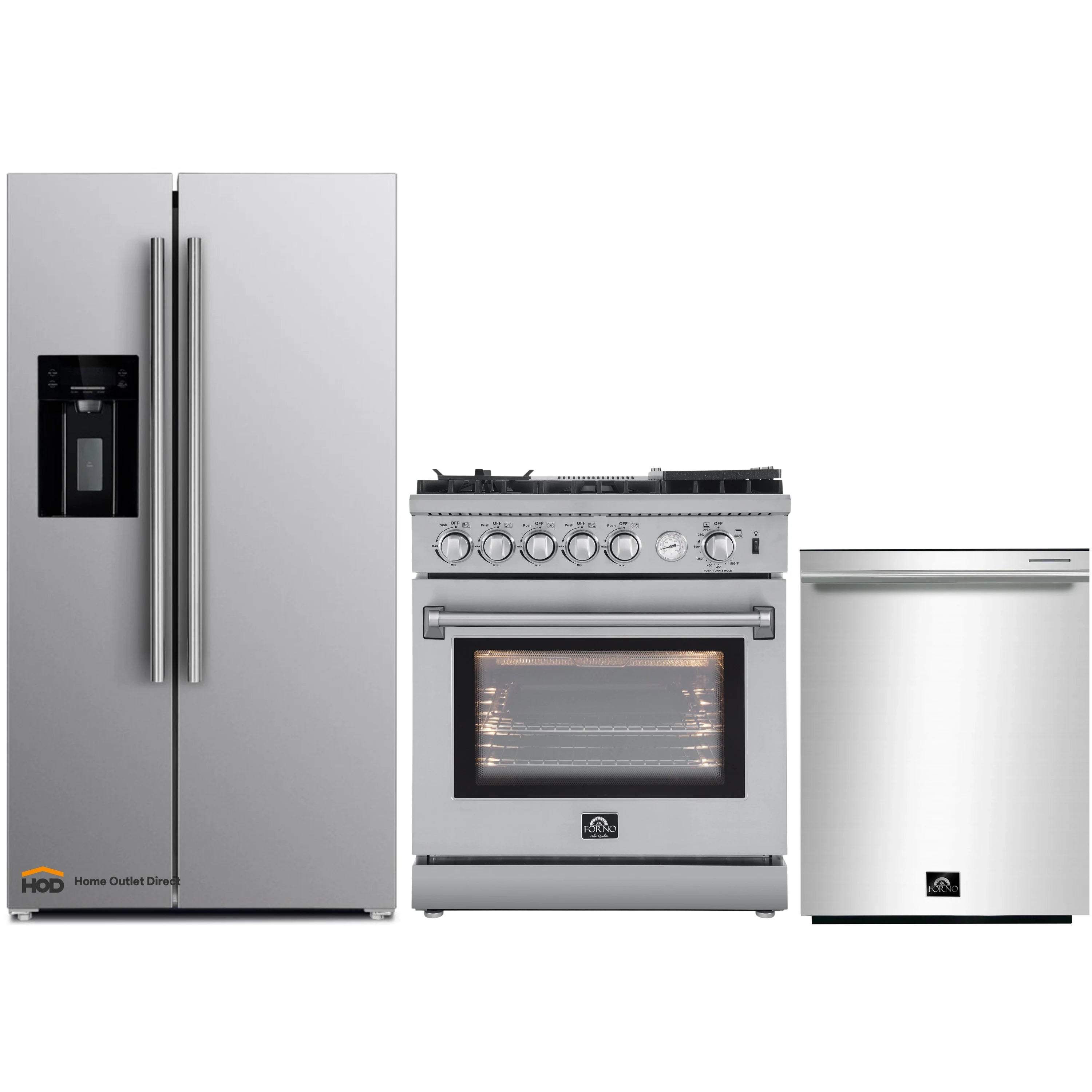 Stainless steel 3-piece appliance set featuring refrigerator, gas range, and dishwasher