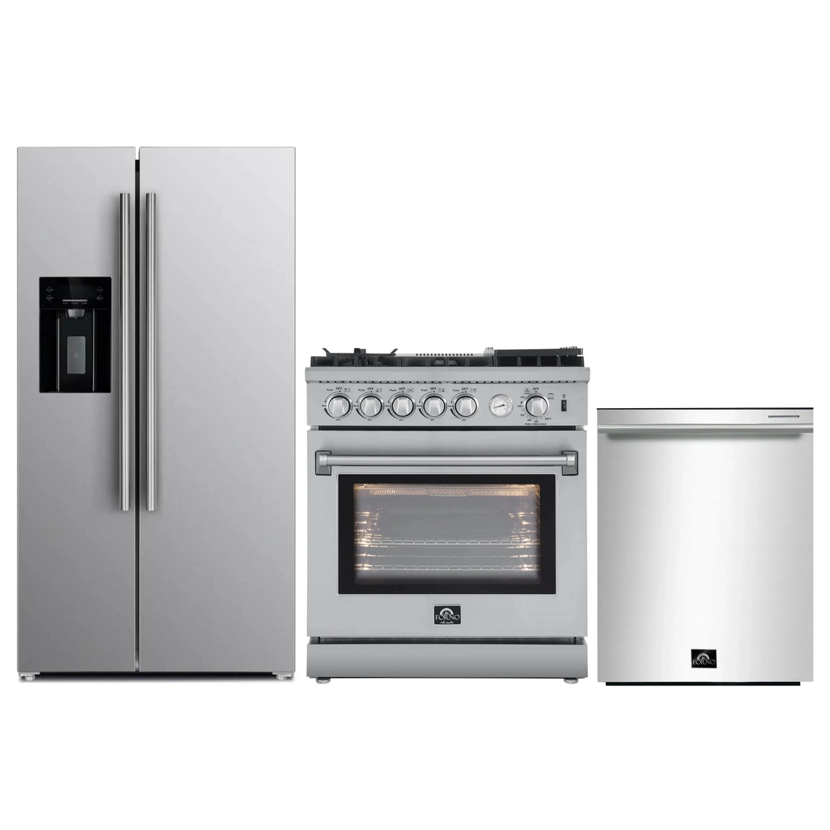 Forno 3-Piece Appliance Package - 30-Inch Gas Range with Air Fryer, Refrigerator with Water Dispenser,& Dishwasher in Stainless Steel