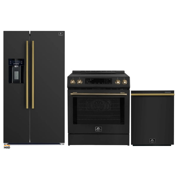 Forno Espresso 3-Piece Appliance Package - 30-Inch Induction Range, Refrigerator with Water Dispenser and Dishwasher in Black with Antique Brass Trim