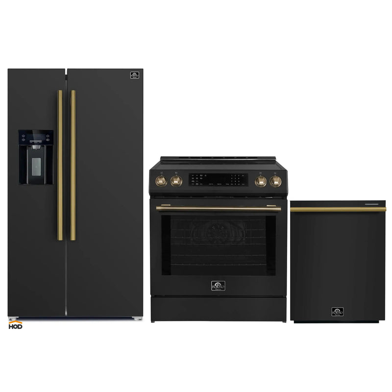 Forno Espresso 3-Piece Appliance Package - 30-Inch Induction Range, Refrigerator with Water Dispenser and Dishwasher in Black with Antique Brass Trim