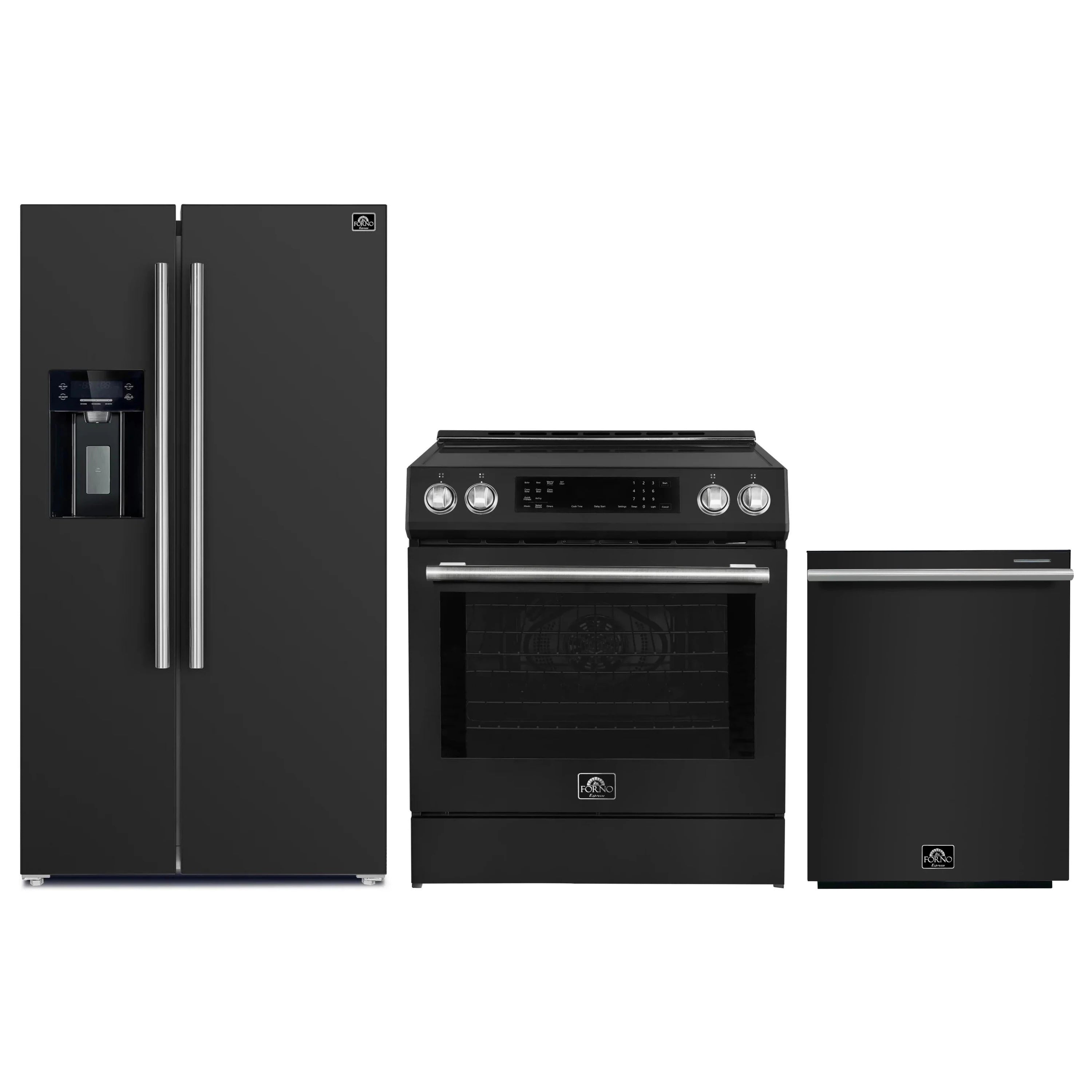 Three-piece black kitchen appliance set: induction range, fridge, and dishwasher with steel trim
