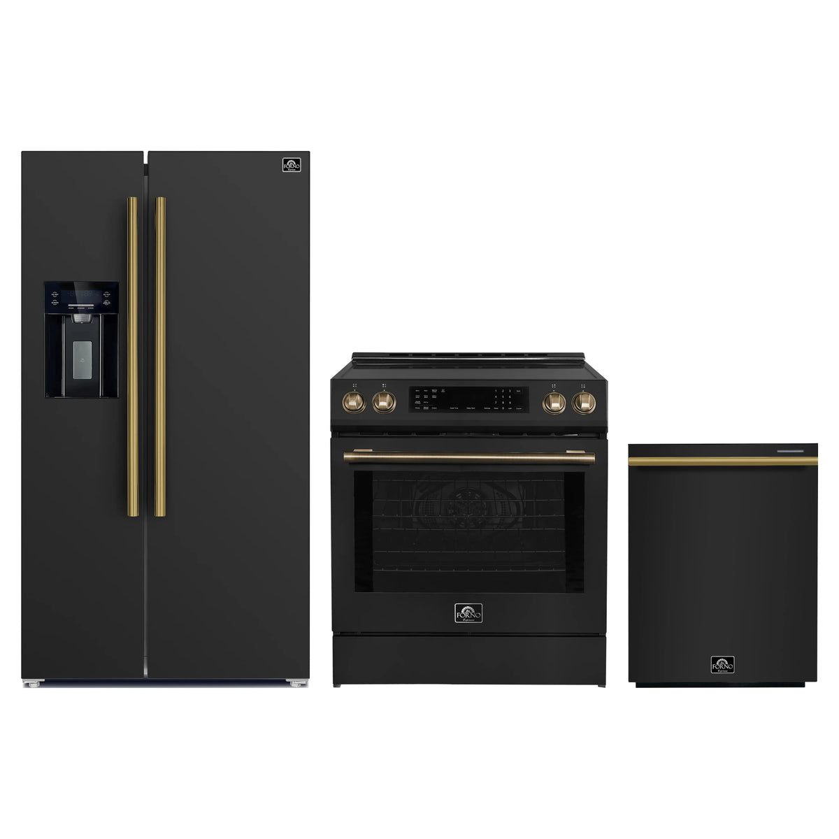 Forno Espresso 3-Piece Appliance Package - 30-Inch Induction Range, Refrigerator with Water Dispenser and Dishwasher in Black with Antique Brass Trim