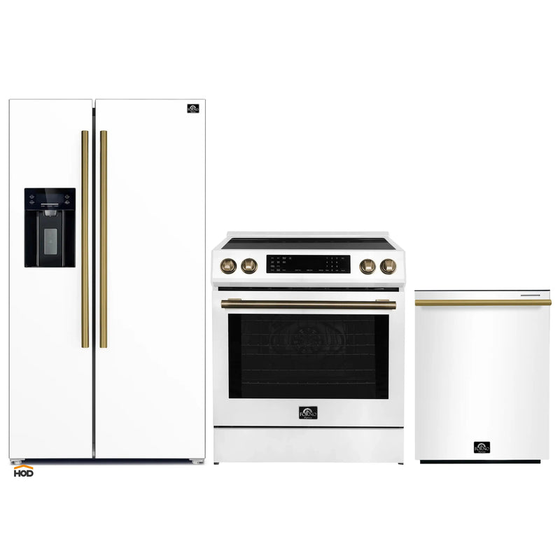 Forno Espresso 3-Piece Appliance Package - 30-Inch Induction Range, Refrigerator with Water Dispenser and Dishwasher in White with Antique Brass Trim