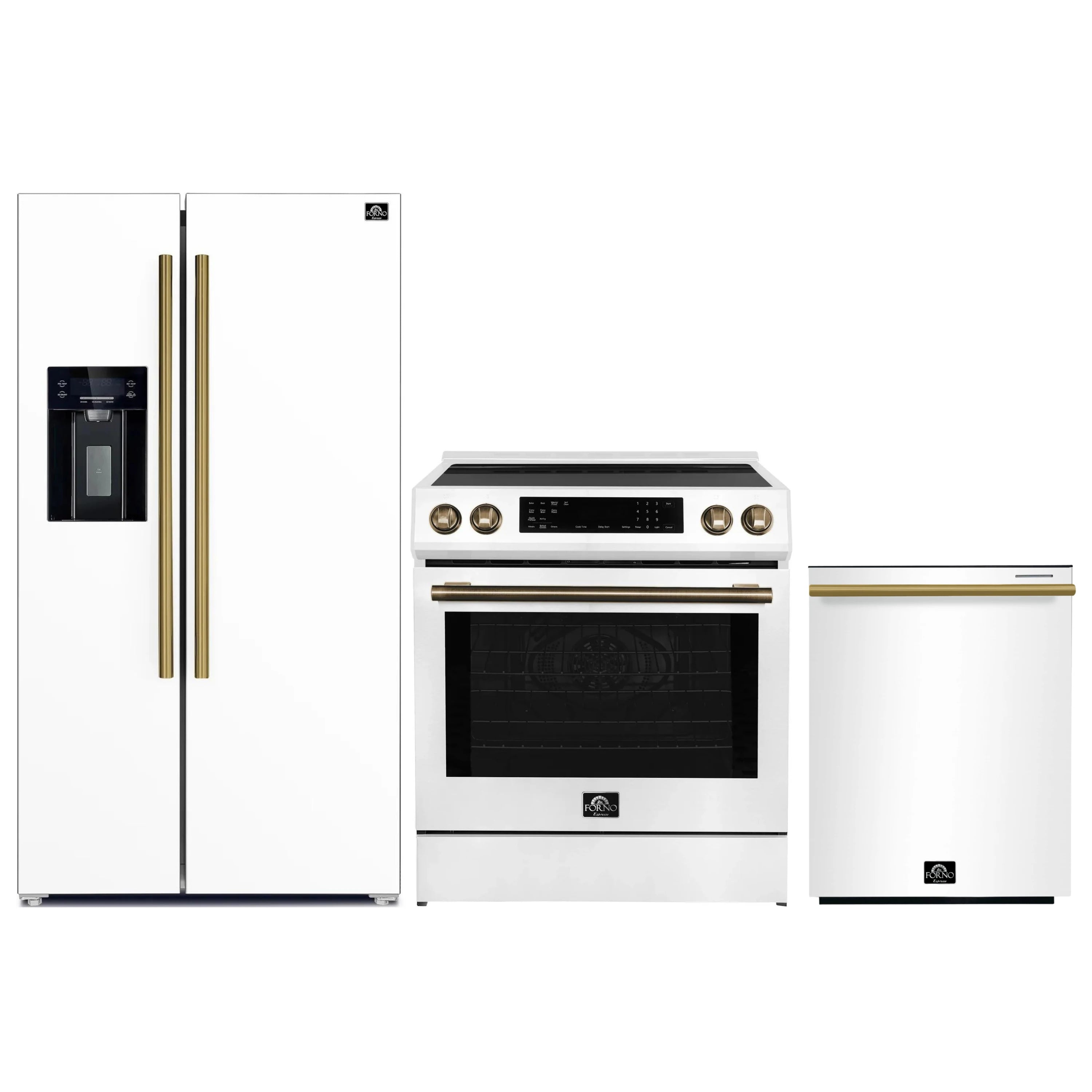 White appliance package: refrigerator, induction range, and dishwasher with brass trim