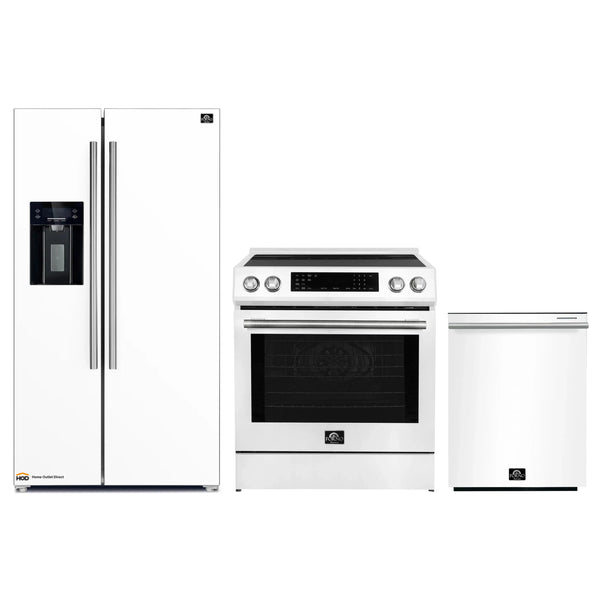 Forno Espresso 3-Piece Appliance Package - 30-Inch Induction Range, Refrigerator with Water Dispenser and Dishwasher in White with Stainless Steel Handle