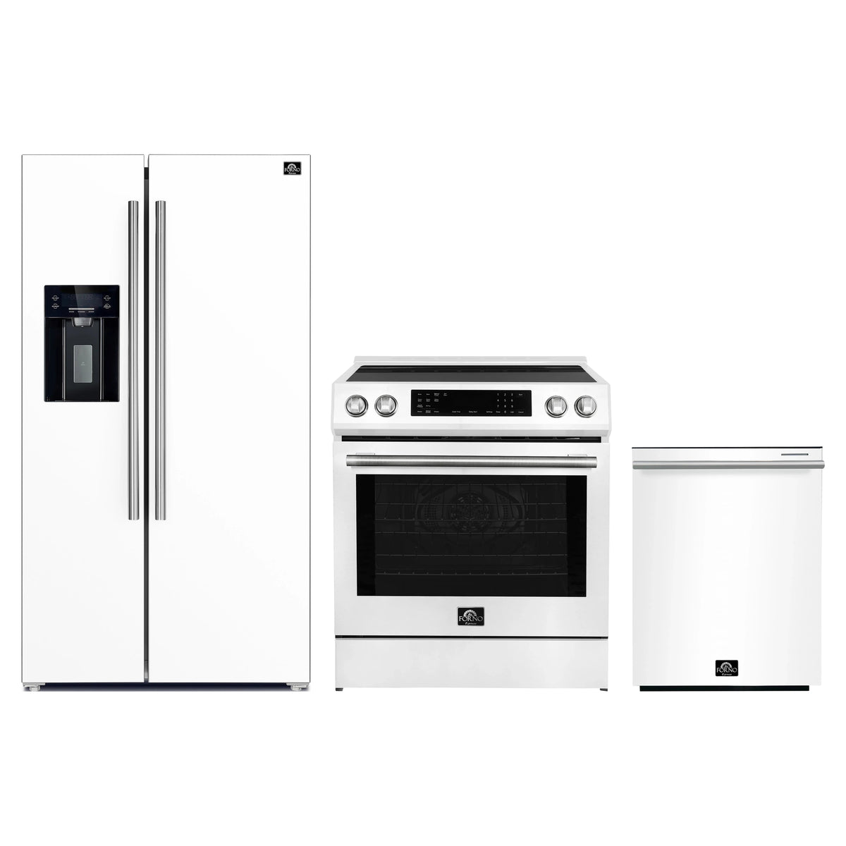 Forno Espresso 3-Piece Appliance Package - 30-Inch Induction Range, Refrigerator with Water Dispenser and Dishwasher in White with Stainless Steel Trim