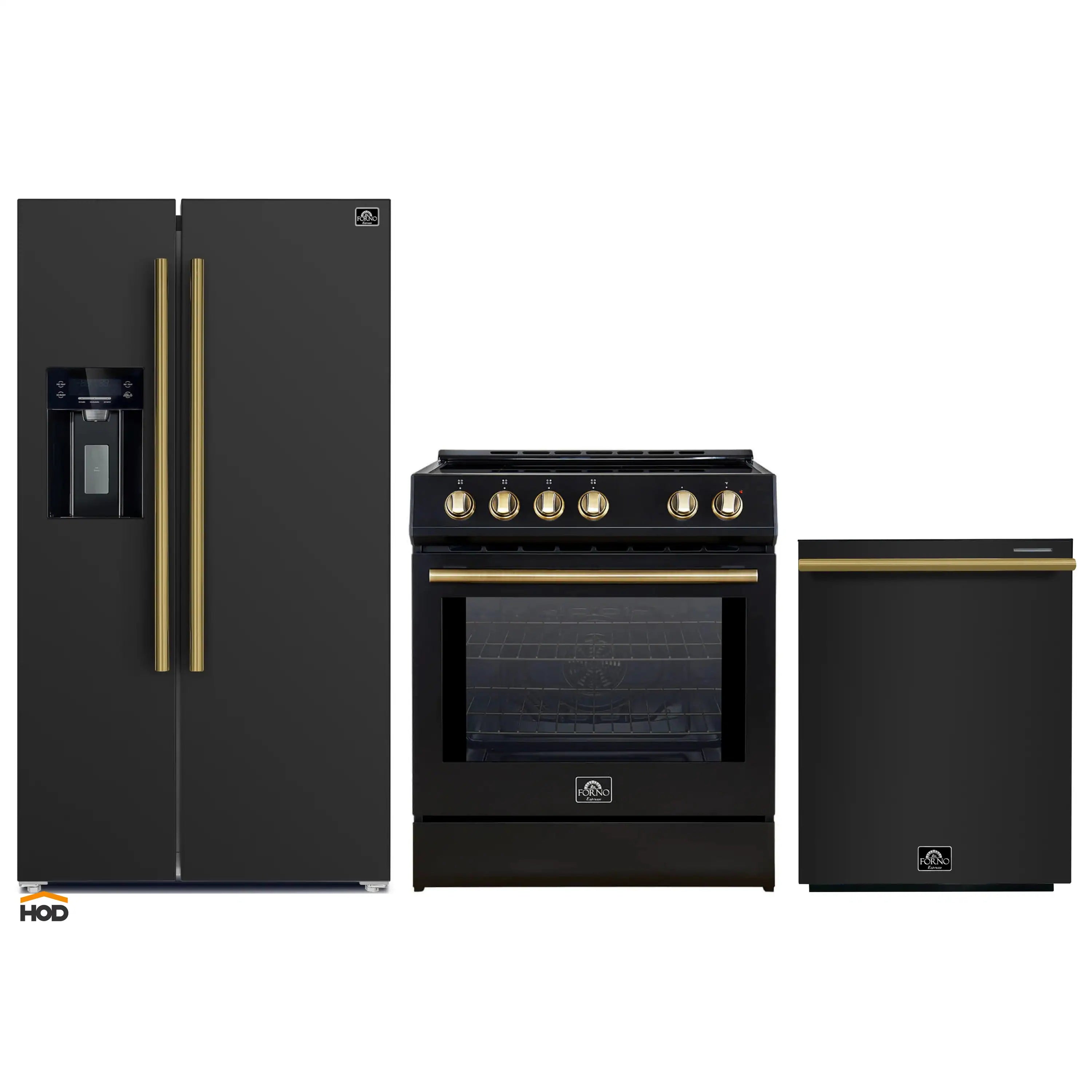 Black kitchen appliance package: refrigerator, induction range, and dishwasher with brass trim