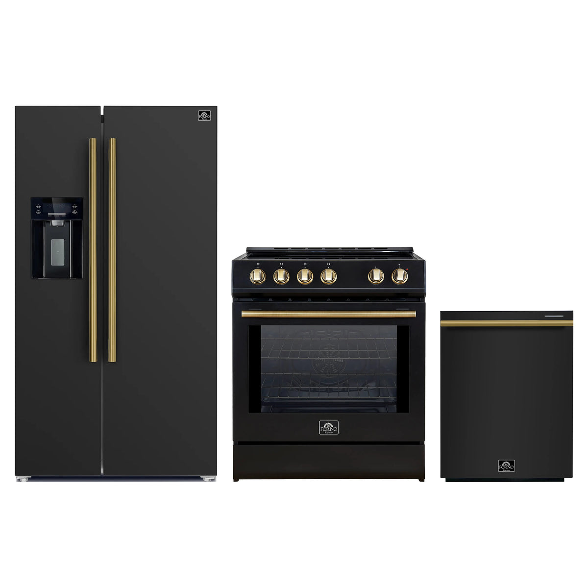 Forno 3-Piece Appliance Package - 30-Inch Induction Range, Refrigerator with Water Dispenser, and Dishwasher in Black with Antique Brass Trim