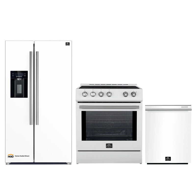 Forno 3-Piece Appliance Package - 30-Inch Induction Range, Refrigerator with Water Dispenser, and Dishwasher in White with Stainless Steel Trim