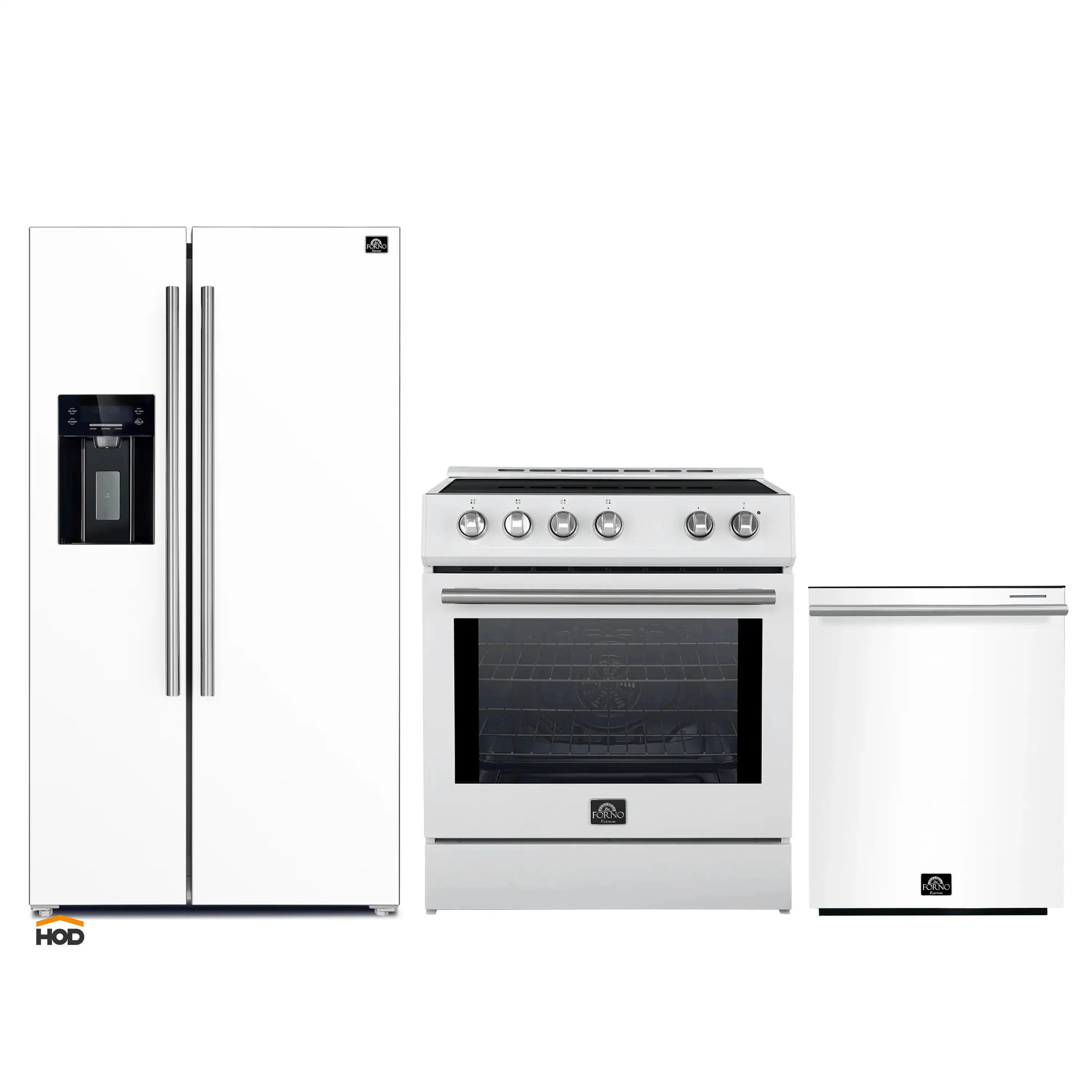 White kitchen appliance set: refrigerator, range, and dishwasher with stainless accents