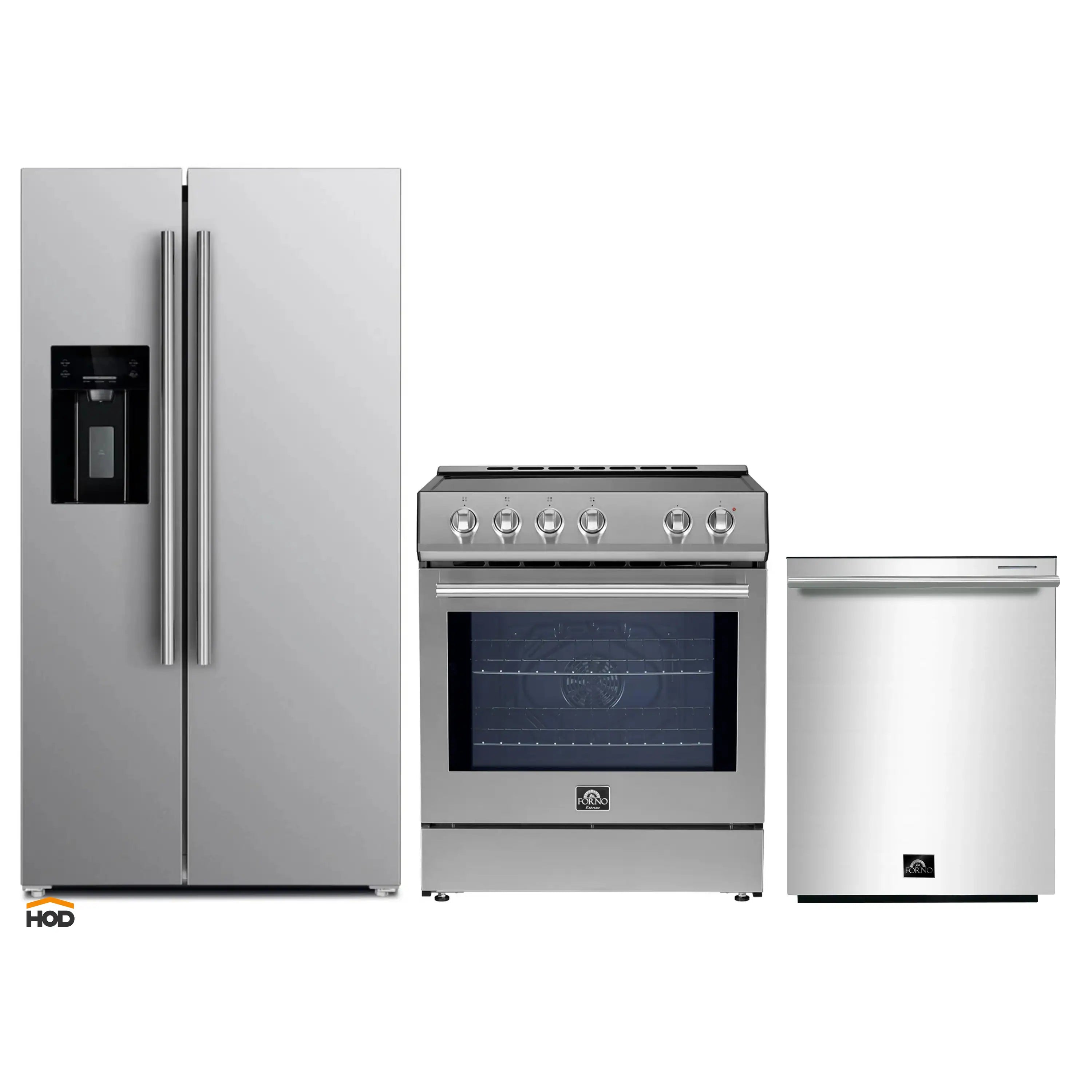 Stainless steel appliance package with refrigerator, induction range, and dishwasher