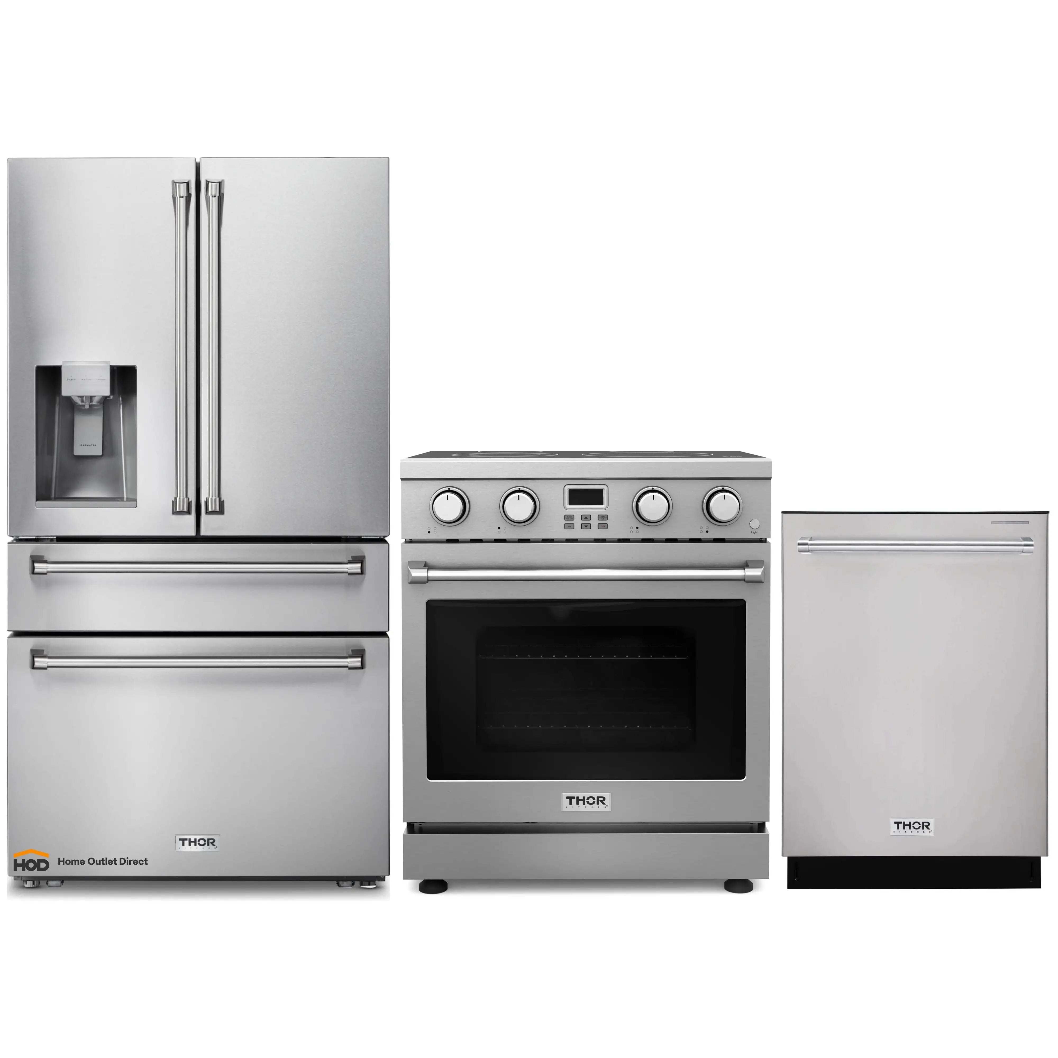 Thor Kitchen A-Series 3-Piece Appliance Package - 30-Inch Electric Range, Refrigerator with Water Dispenser, and Dishwasher in Stainless Steel