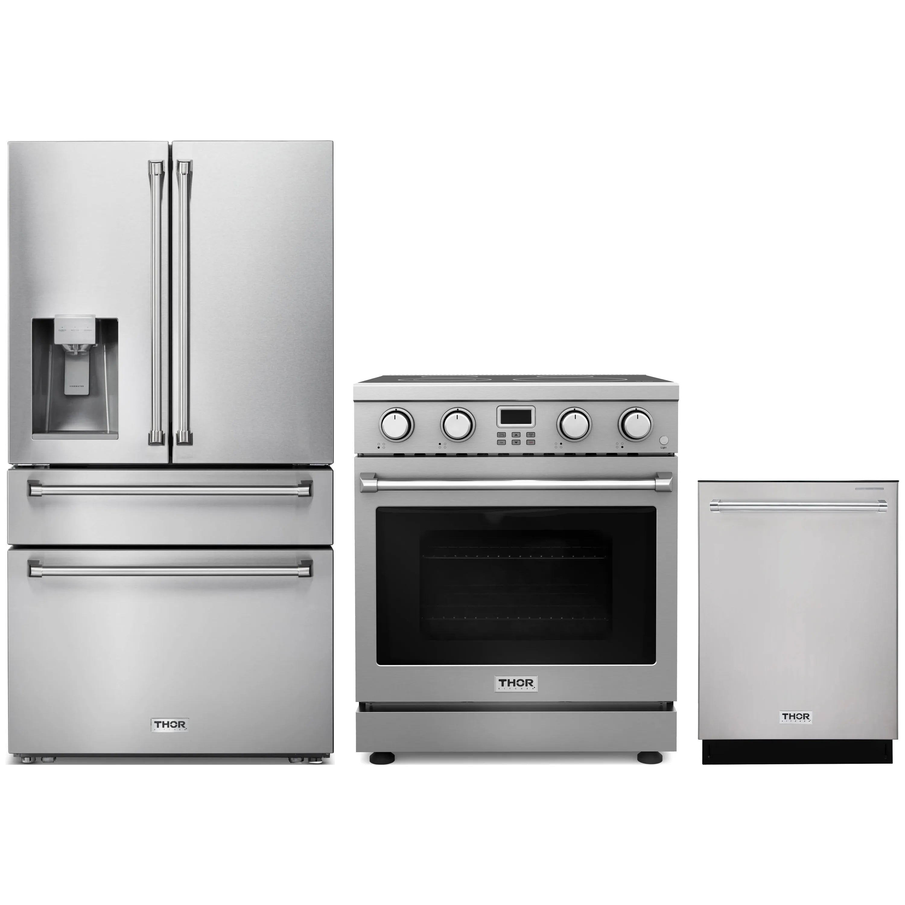 Stainless 3-piece kitchen appliance set: fridge with dispenser, electric range, dishwasher