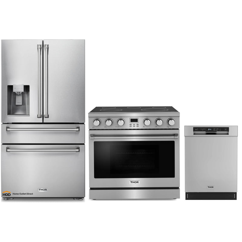 Thor Kitchen A-Series 3-Piece Appliance Package - 36-Inch Electric Range, Refrigerator with Water Dispenser, and Dishwasher in Stainless Steel