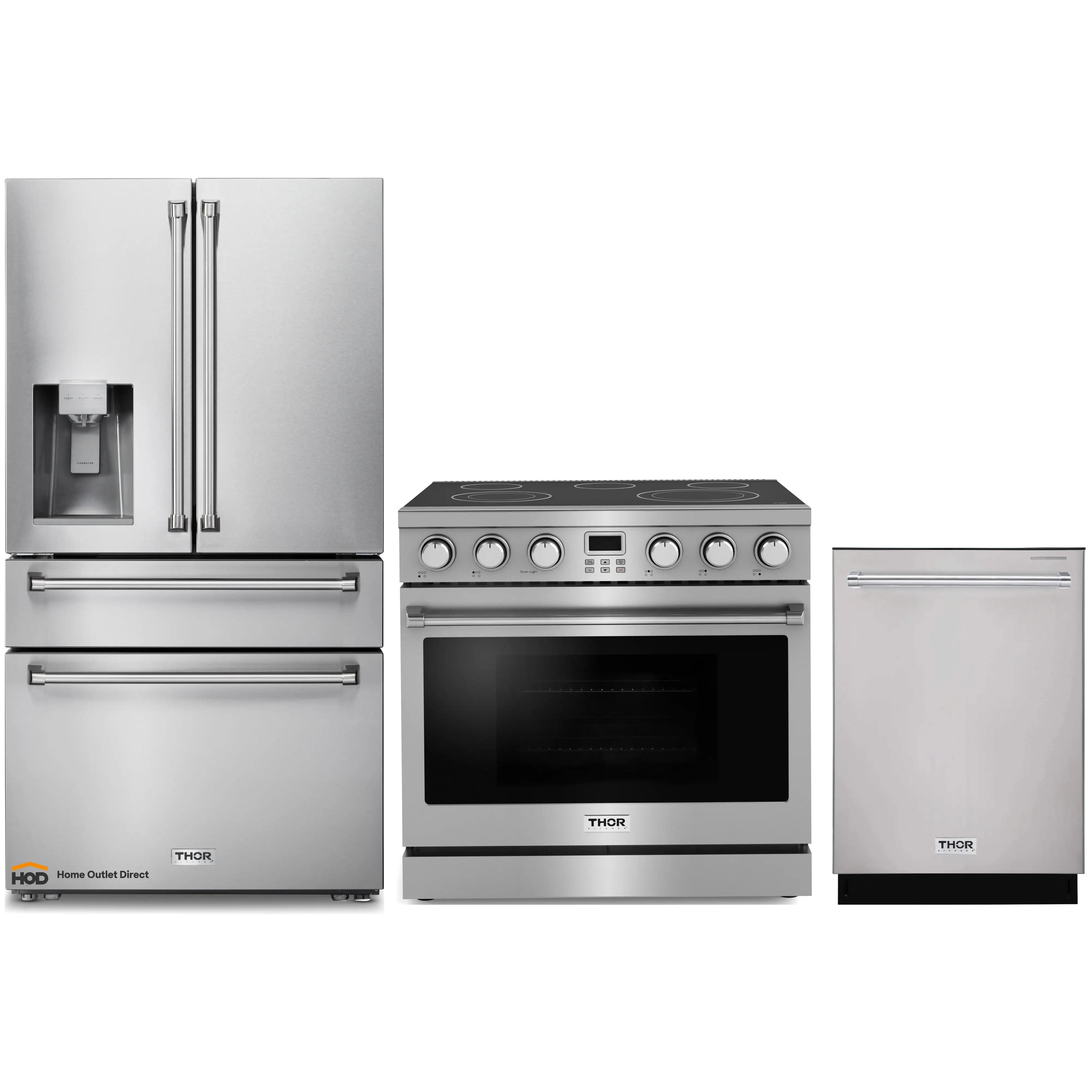 Thor Kitchen A-Series 3-Piece Appliance Package - 36-Inch Electric Range, Refrigerator with Water Dispenser, and Dishwasher in Stainless Steel