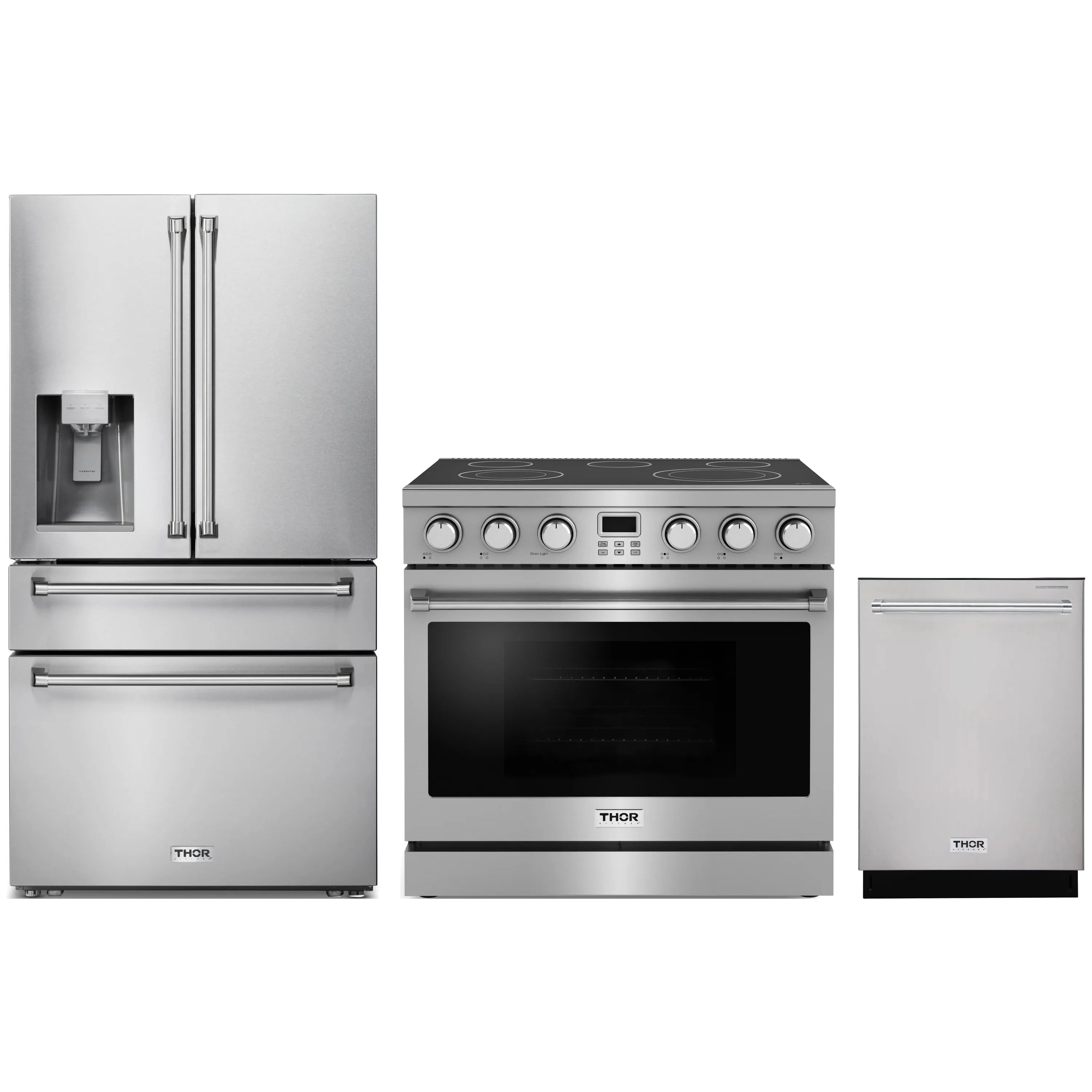 Stainless steel 3-piece appliance set: fridge with water dispenser, electric range, dishwasher