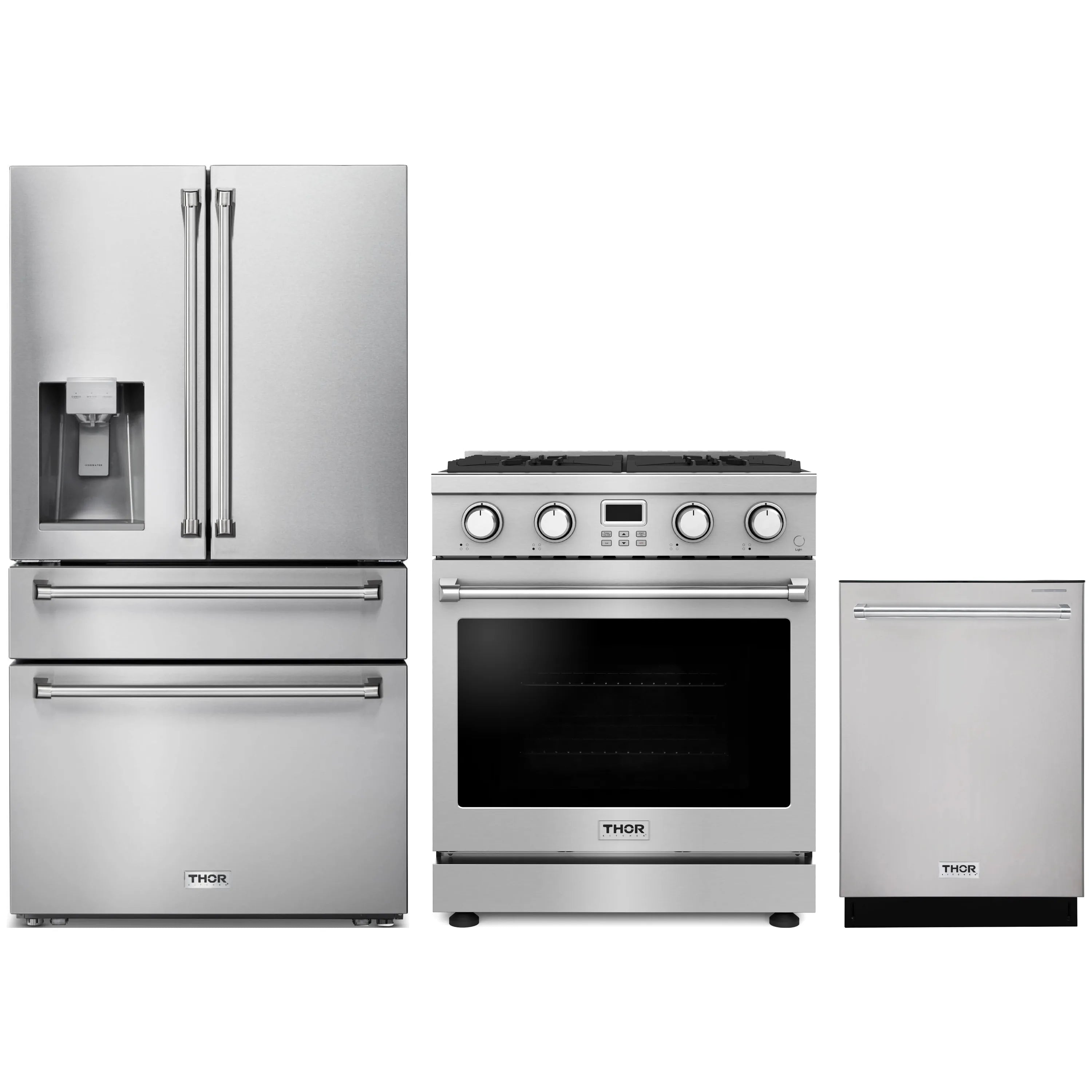 Stainless steel kitchen appliance package: refrigerator with water dispenser, gas range, and dishwasher