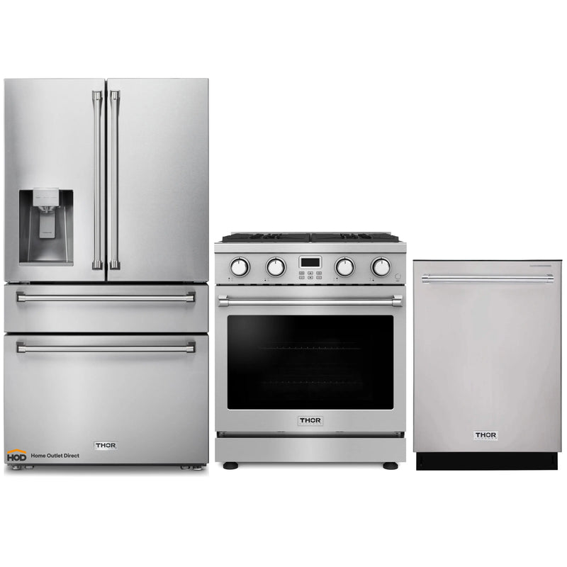 Thor Kitchen A-Series 3-Piece Appliance Package - 30-Inch Gas Range, Refrigerator with Water Dispenser, and Dishwasher in Stainless Steel