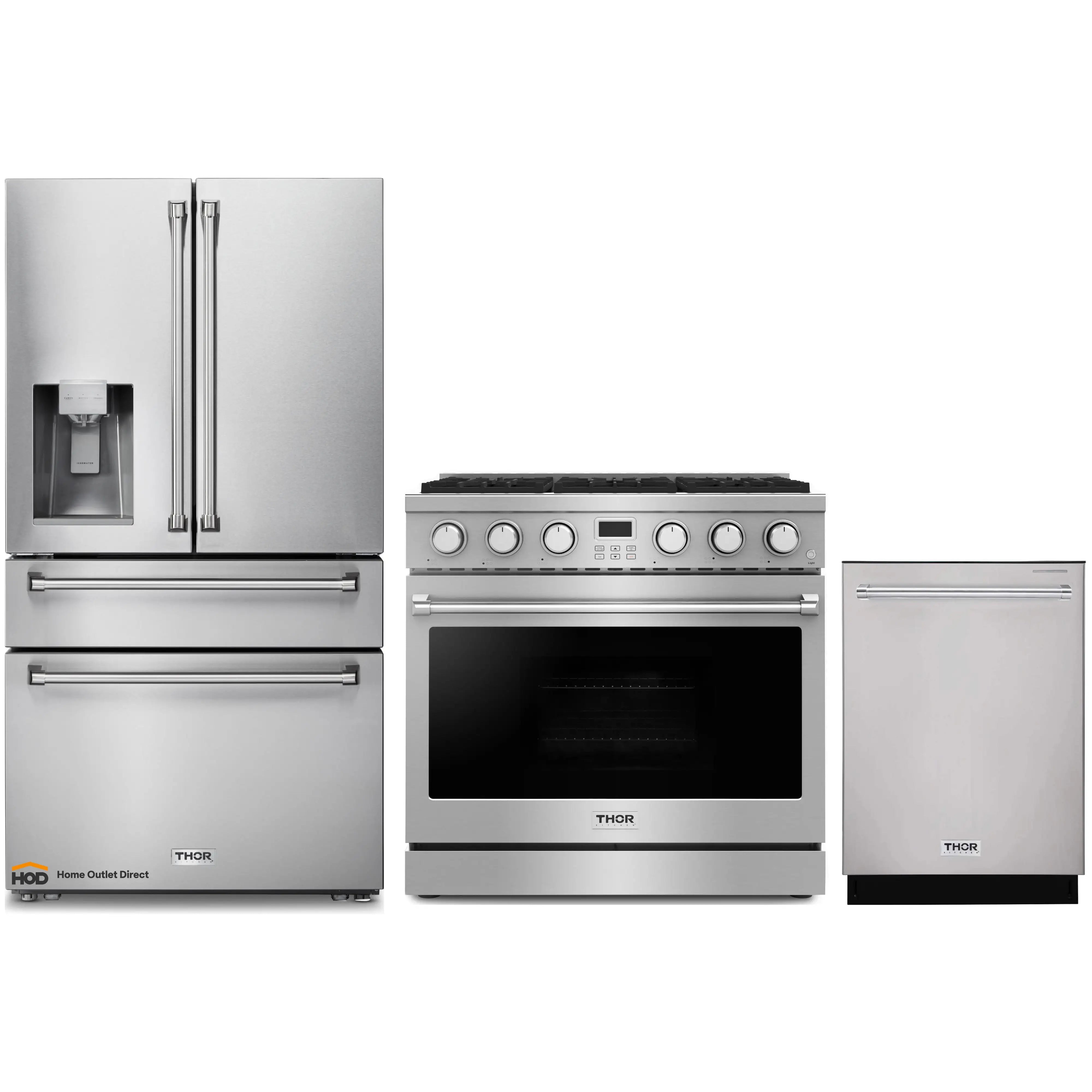 Thor Kitchen A-Series 3-Piece Appliance Package - 36-Inch Gas Range, Refrigerator with Water Dispenser, and Dishwasher in Stainless Steel