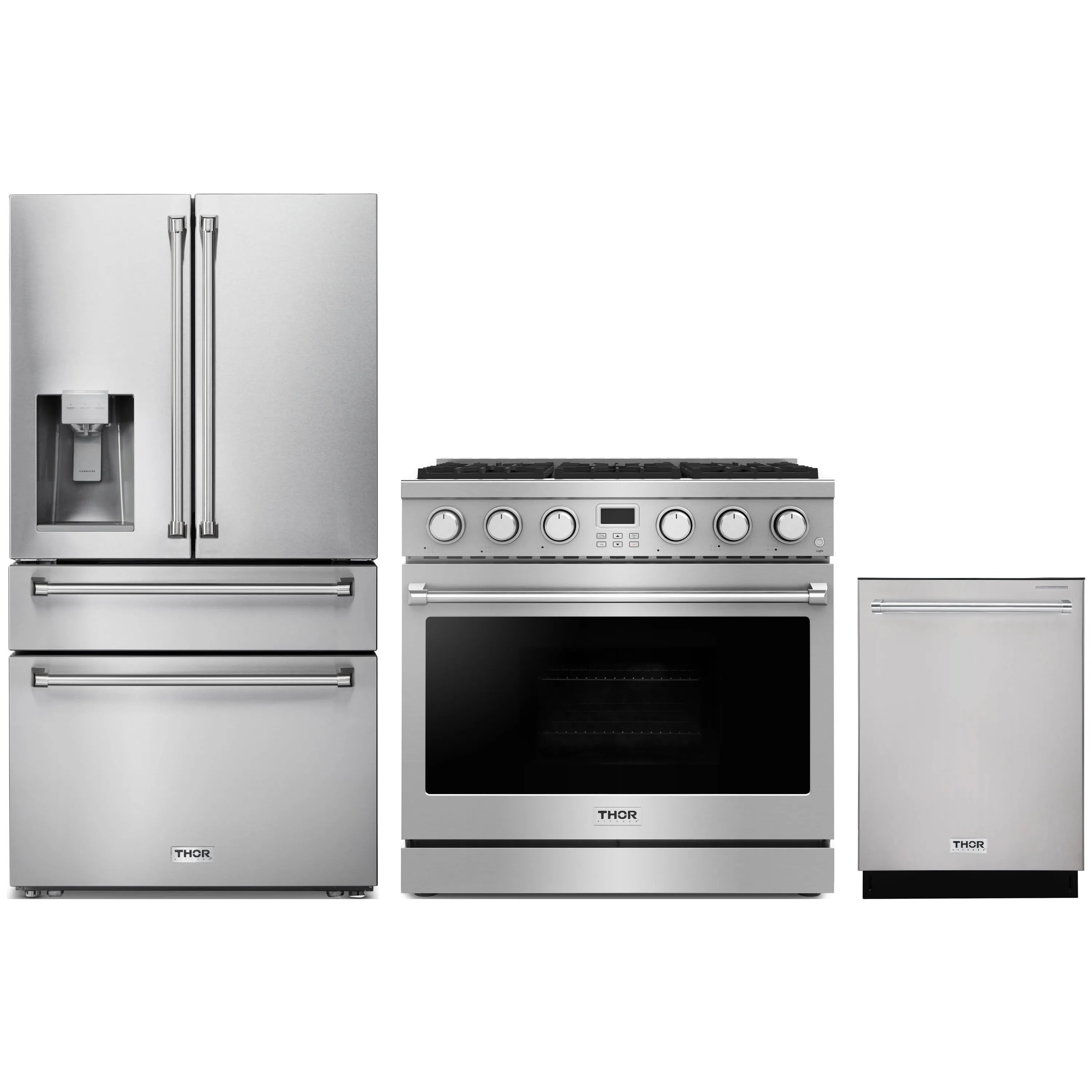 Stainless steel 3-piece appliance package with refrigerator, gas range, and dishwasher