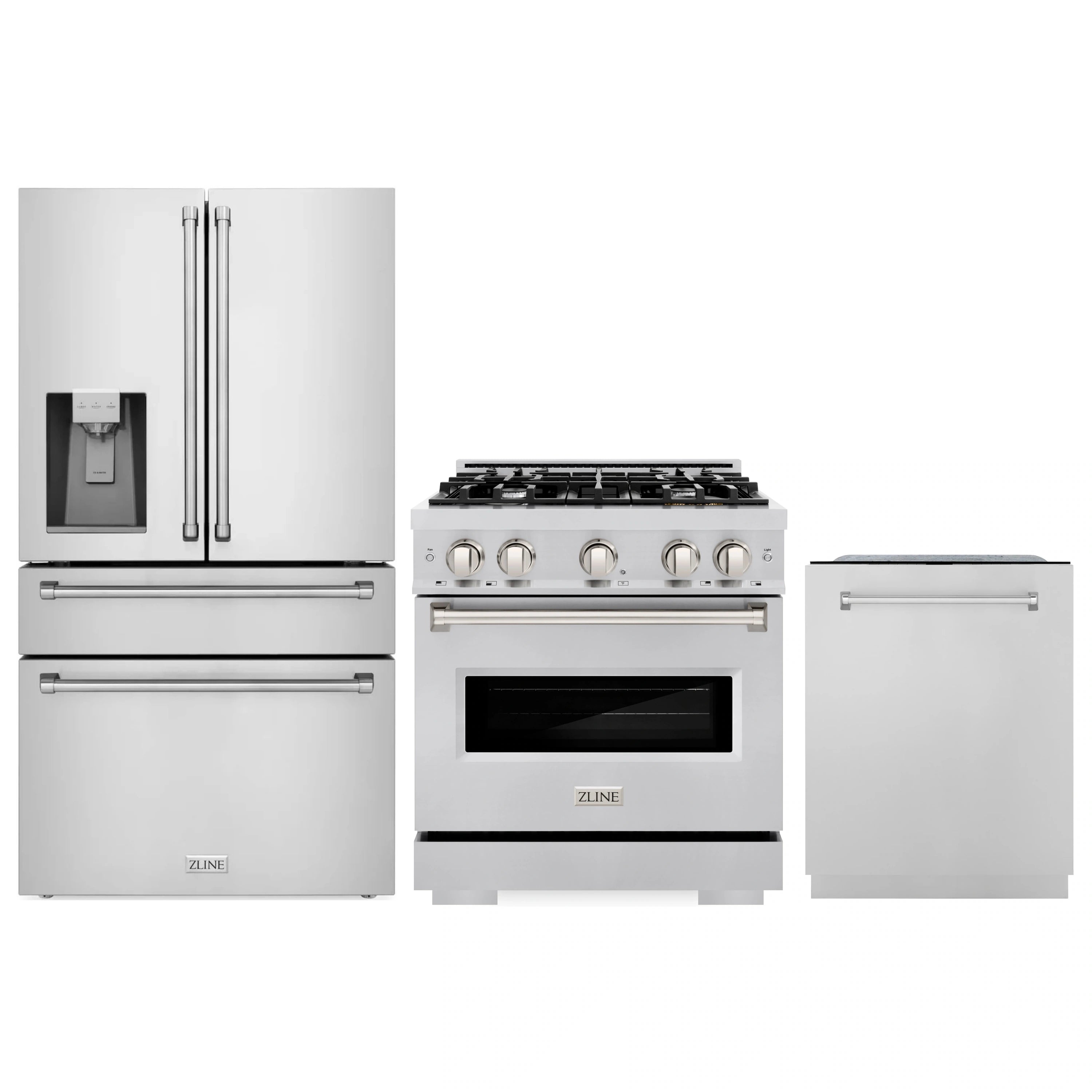 Stainless steel kitchen appliance set: refrigerator, dual fuel range, and dishwasher