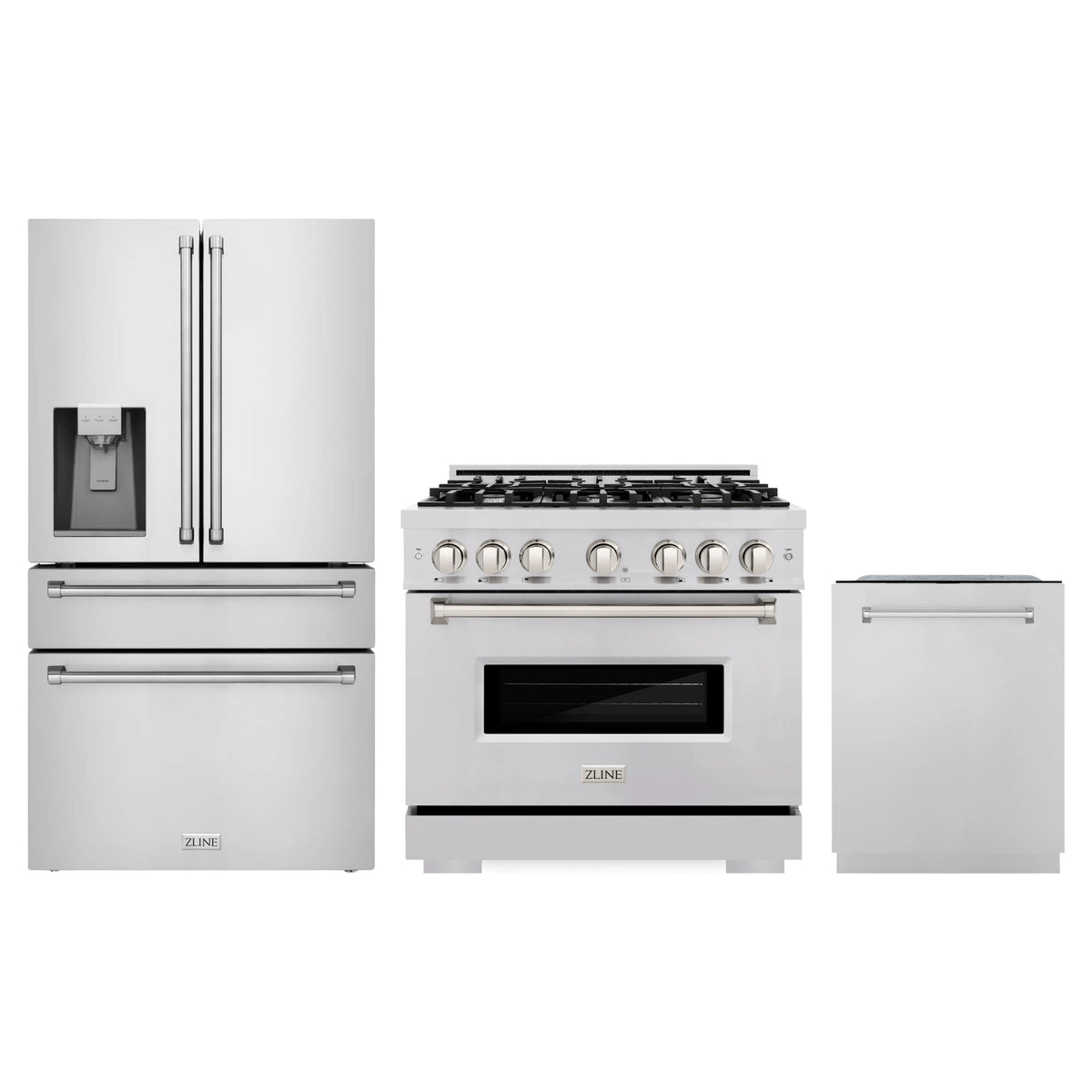 ZLINE 3-Piece Appliance Package - 36-Inch Dual Fuel Range, Refrigerator with Water Dispenser, and Dishwasher in Stainless Steel