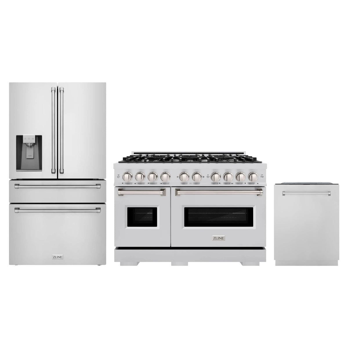 ZLINE 3-Piece Appliance Package - 48-Inch Dual Fuel Range, Refrigerator with Water Dispenser, and Dishwasher in Stainless Steel