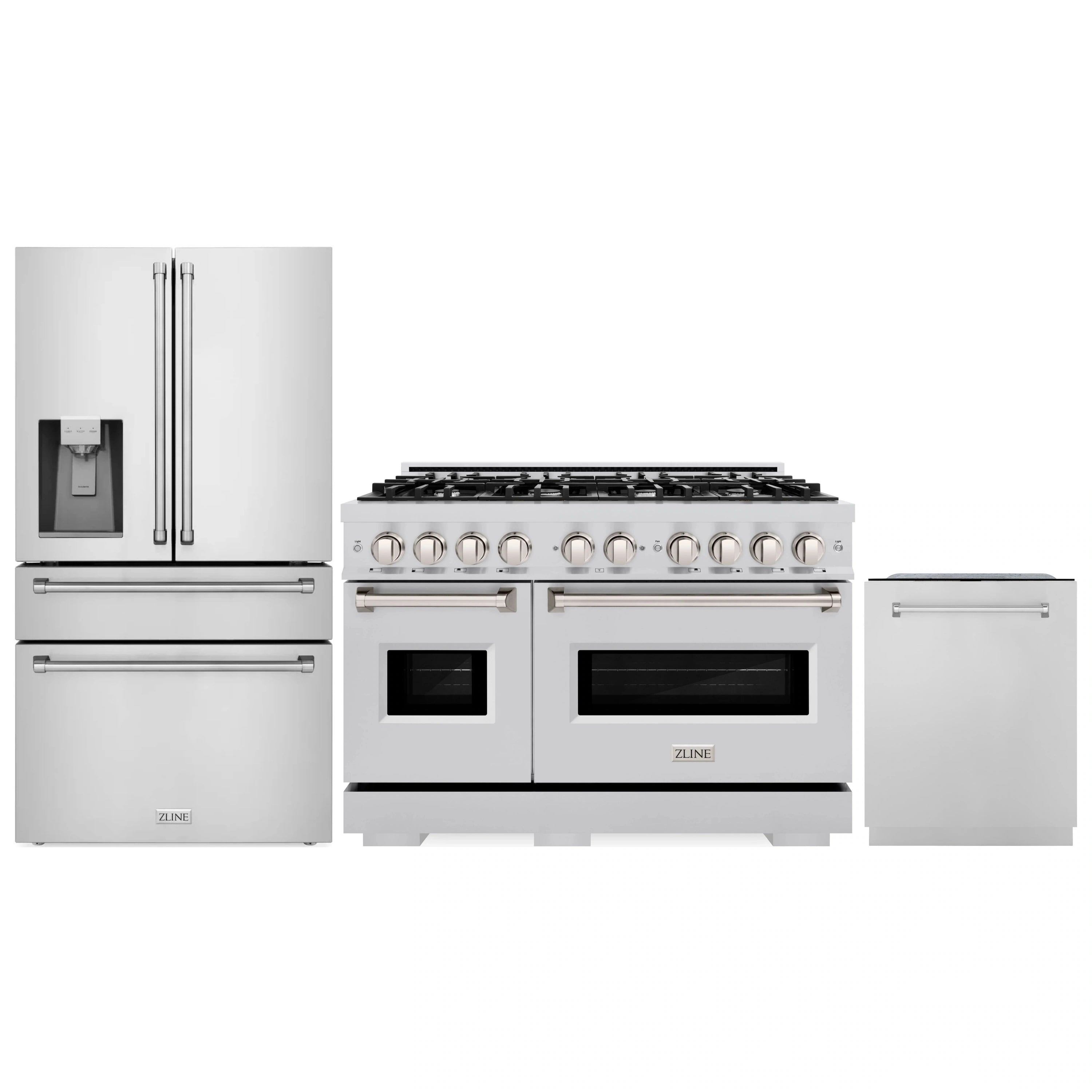 Stainless appliance package set: refrigerator, dual fuel range, and dishwasher