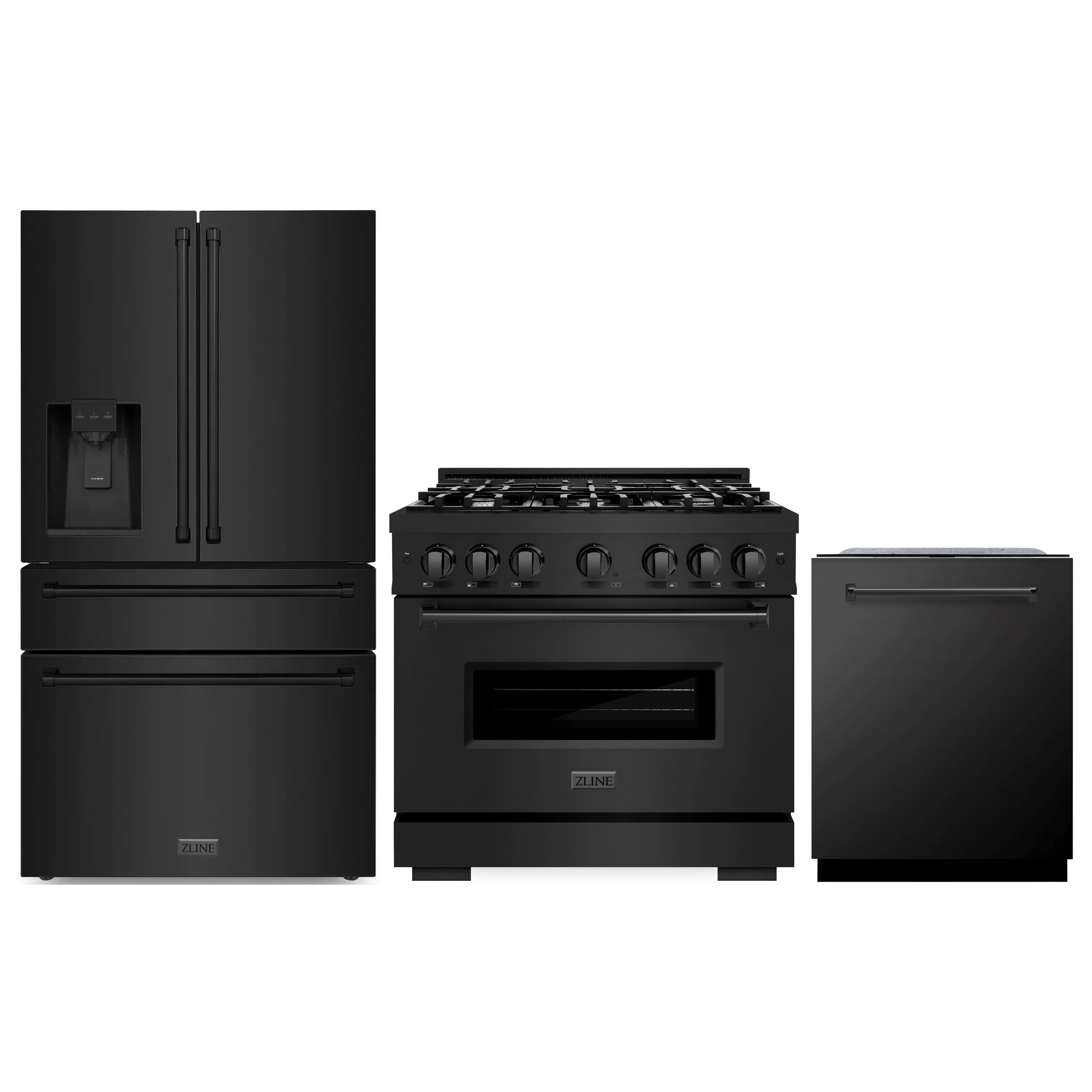 ZLINE kitchen set with black stainless range, refrigerator, and dishwasher