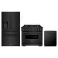 ZLINE 3-Piece Appliance Package - 36-Inch Dual Fuel Range, Refrigerator with Water Dispenser, and Dishwasher in Black Stainless Steel