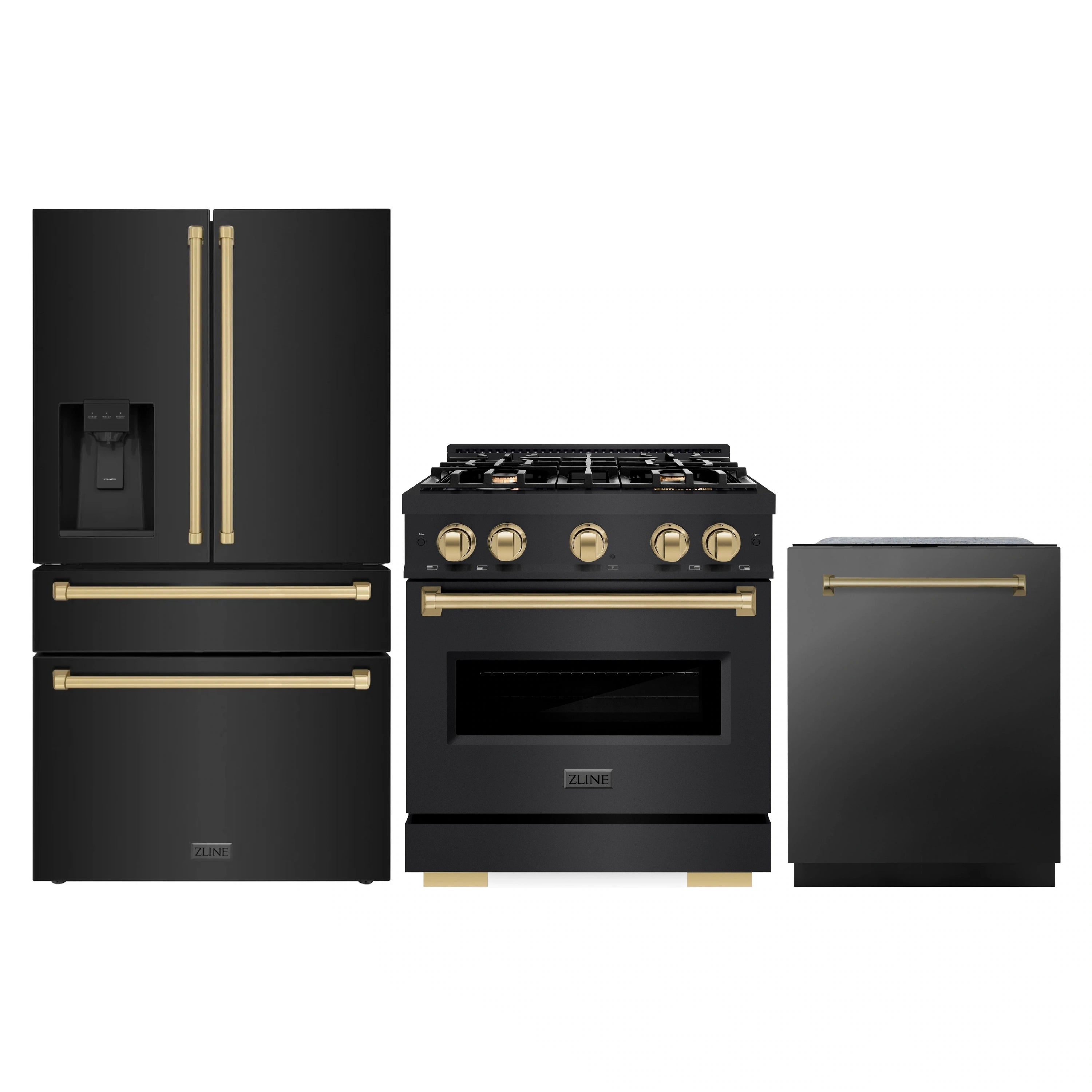 Black stainless kitchen appliance package with gold-accent range, refrigerator, and dishwasher