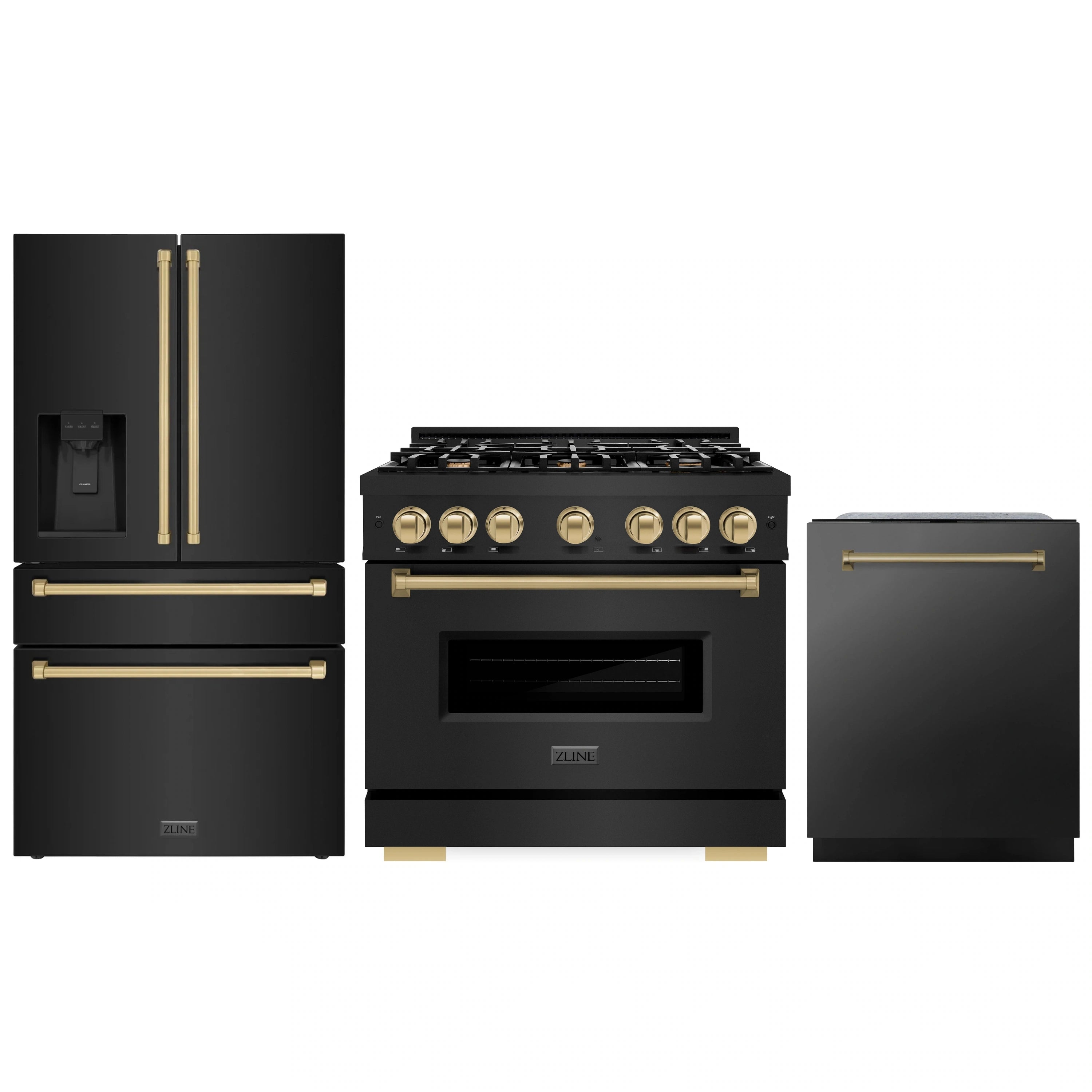 ZLINE 3-piece black stainless appliance set with champagne bronze accents: range, fridge, dishwasher