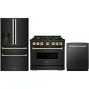 ZLINE 3-Piece Appliance Package - 36-Inch Dual Fuel Range, Refrigerator with Water Dispenser, and Dishwasher in Black Stainless Steel with Gold Accents
