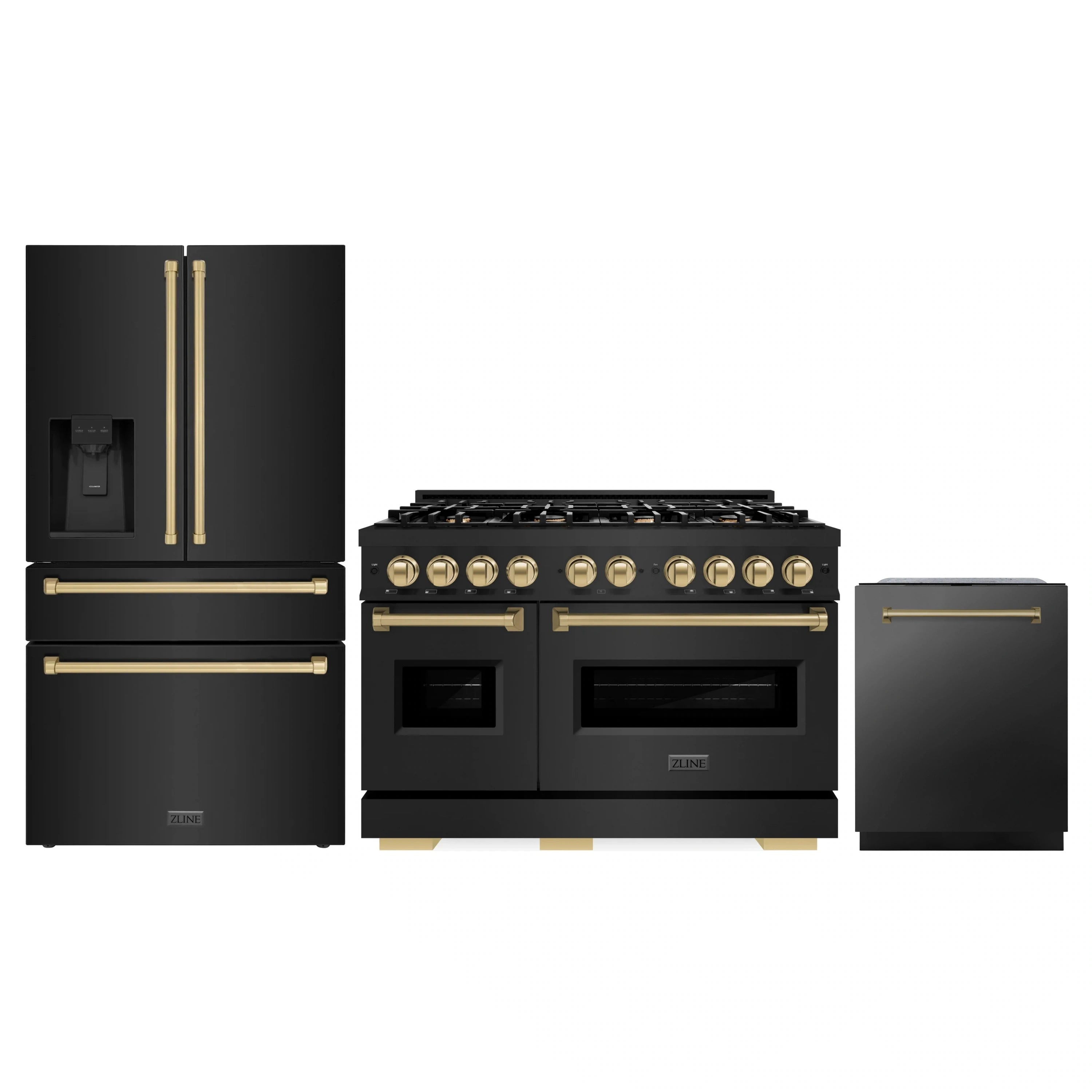 Black stainless kitchen appliance set with gold-trim range, refrigerator, and dishwasher