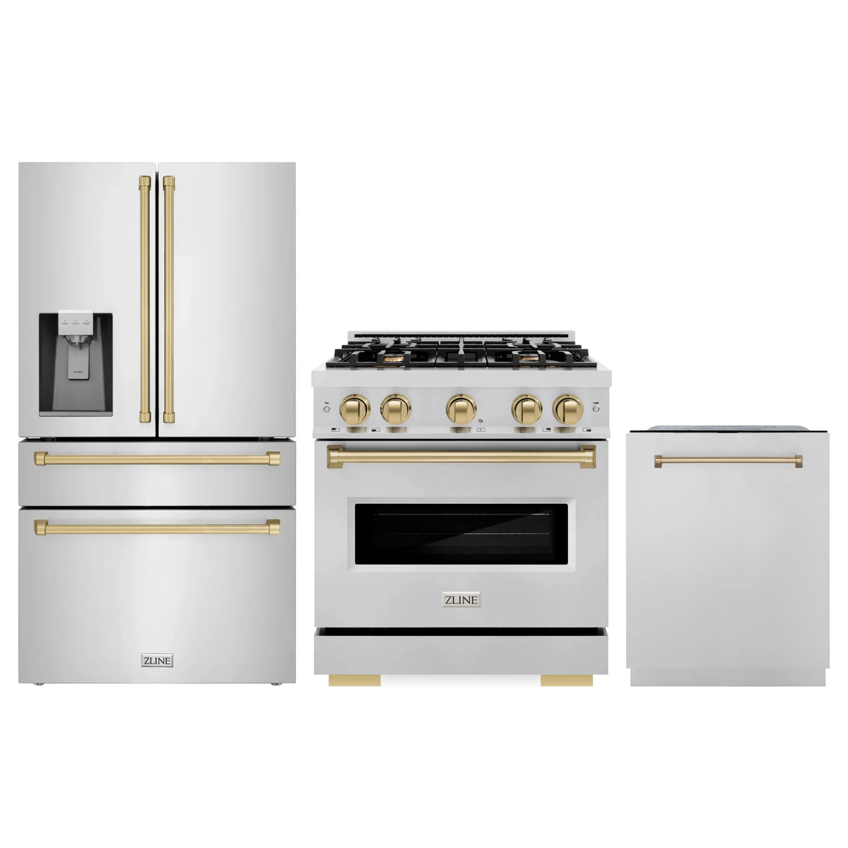 Stainless steel kitchen appliance set with refrigerator, dual-fuel range, and dishwasher