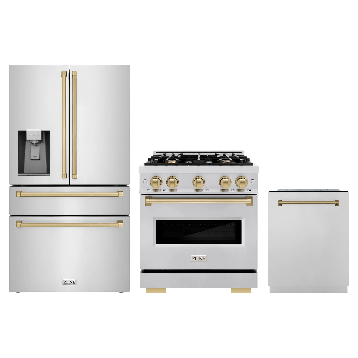 ZLINE 3-Piece Appliance Package - 30-Inch Dual Fuel Range, Refrigerator with Water Dispenser, and Dishwasher in Stainless Steel with Champagne Bronze Accents