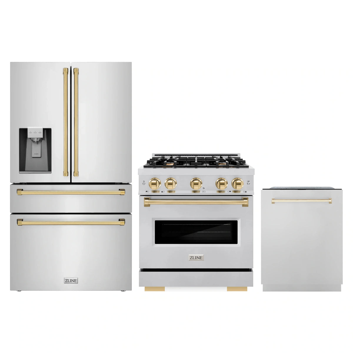 Stainless steel appliance set with freestanding range, refrigerator, and dishwasher