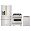 ZLINE 3-Piece Appliance Package - 30-Inch Dual Fuel Range, Refrigerator with Water Dispenser, and Dishwasher in Stainless Steel with Gold Accents
