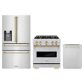 ZLINE 3-Piece Appliance Package - 30-Inch Dual Fuel Range, Refrigerator with Water Dispenser, and Dishwasher in Stainless Steel with Gold Accents