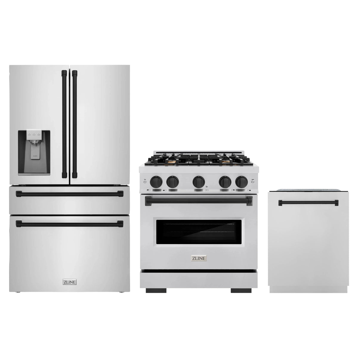 ZLINE 3-Piece Appliance Package - 30-Inch Dual Fuel Range, Refrigerator with Water Dispenser, and Dishwasher in Stainless Steel with Matte Black Accents