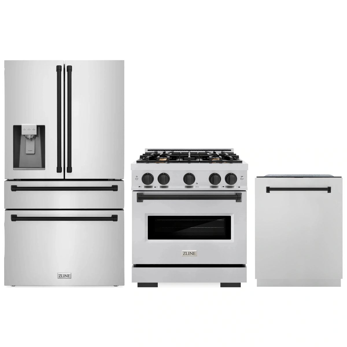Stainless steel kitchen appliance set with refrigerator, range, and dishwasher