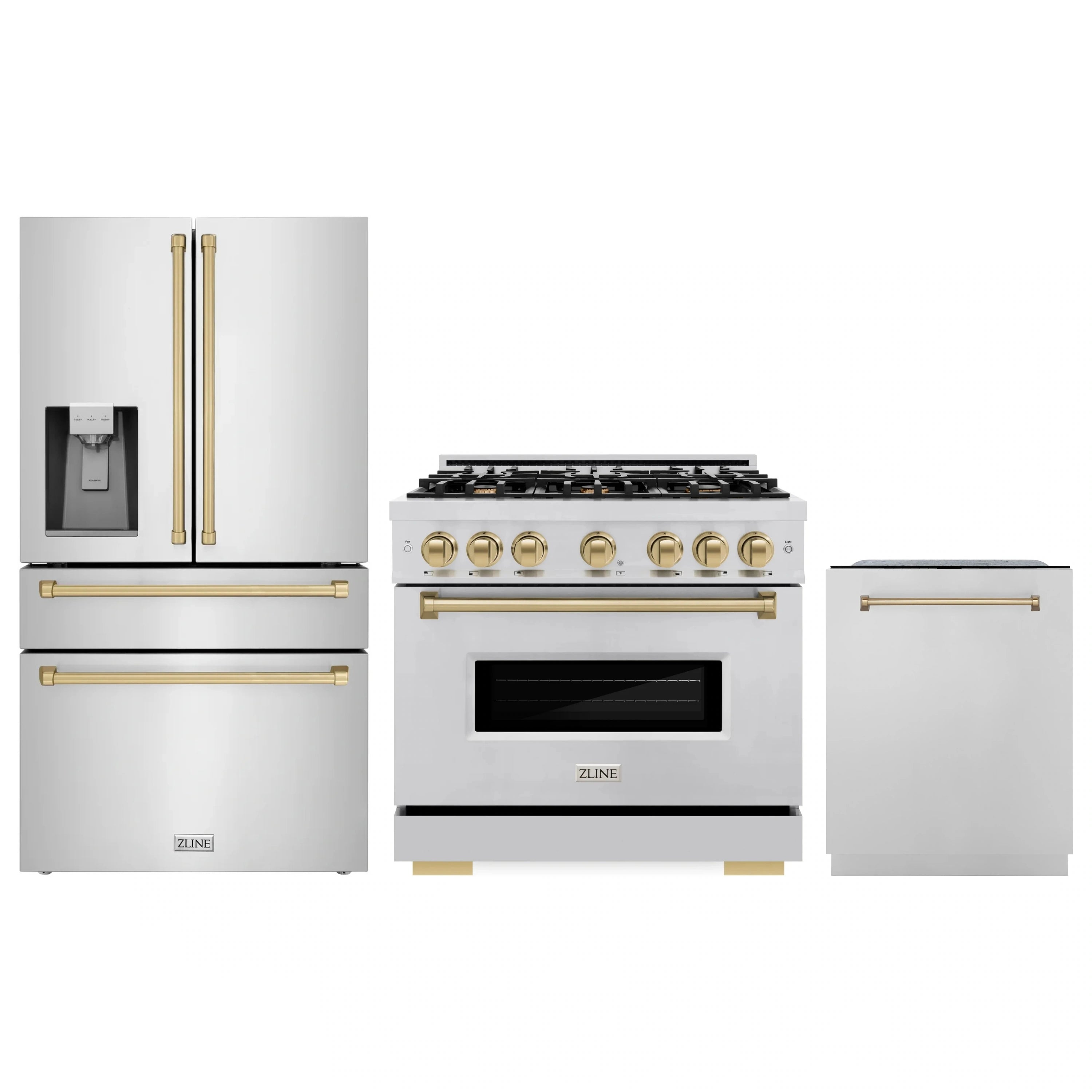 3-piece stainless appliance set with dual-fuel range, refrigerator, and dishwasher