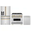 ZLINE 3-Piece Appliance Package - 36-Inch Dual Fuel Range, Refrigerator with Water Dispenser, and Dishwasher in Stainless Steel with Champagne Bronze Accents