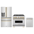 ZLINE 3-Piece Appliance Package - 36-Inch Dual Fuel Range, Refrigerator with Water Dispenser, and Dishwasher in Stainless Steel with Champagne Bronze Accents